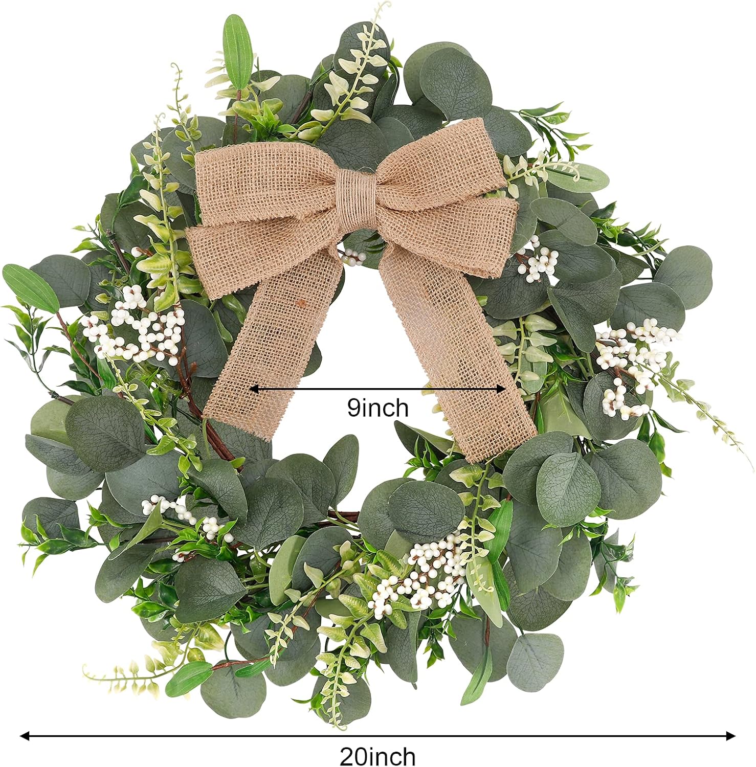 Cocoboo 20 Inch Eucalyptus Wreath for Front Door, Spring Summer Green Wreaths, Home Porch Farmhouse Patio Garden Festival Celebration Window Party Decor Home Décor