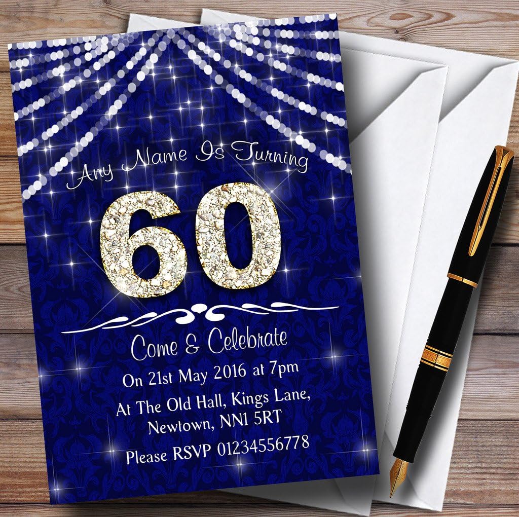 60Th Navy Blue & White Bling Sparkle Birthday Party Personalized Invitations