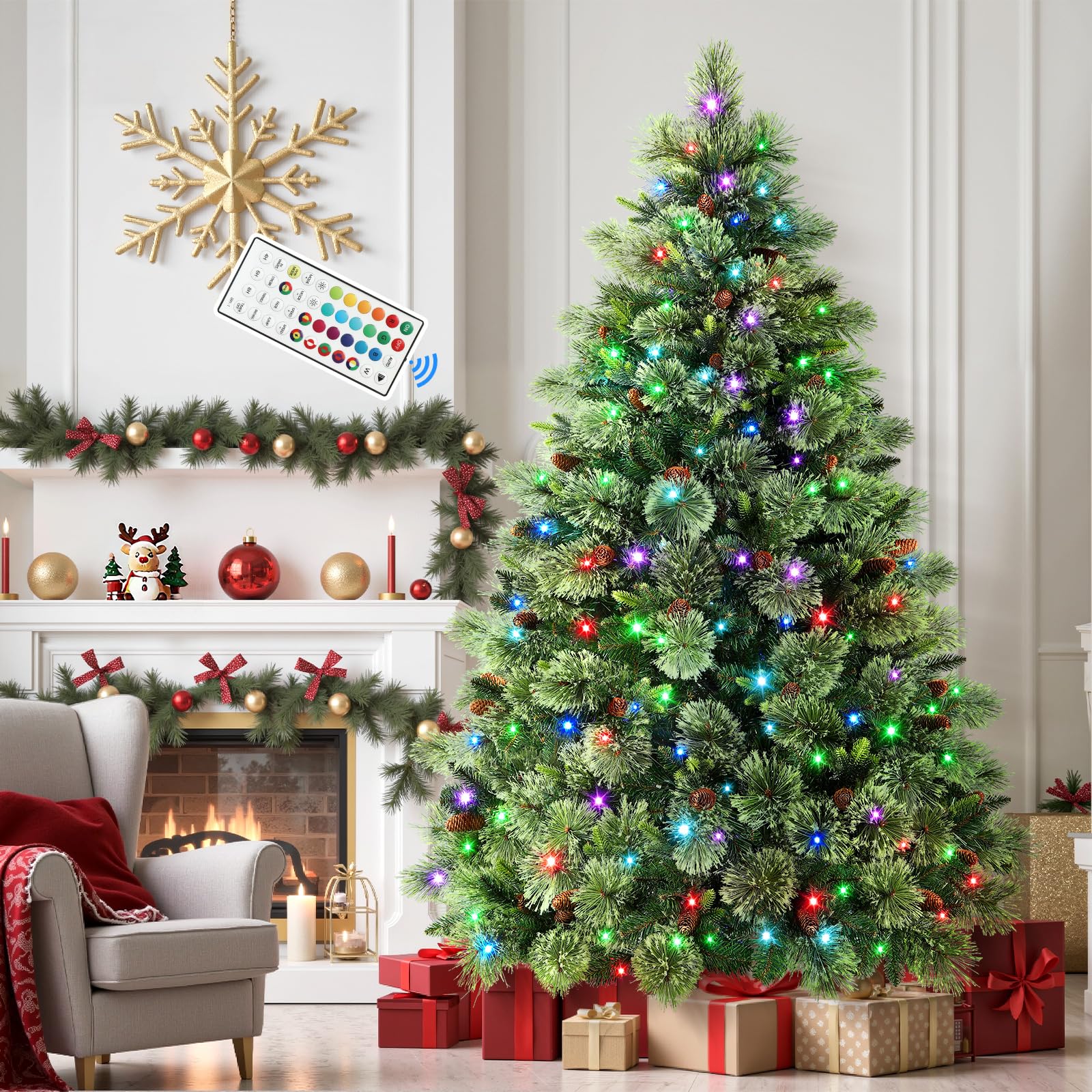 SHareconn 4ft Prelit Artificial Hinged Carolina Pine Christmas Tree with Remote Control, Upgraded Version with Pre-Lit 200 Warm White & RGB Lights, Pine Cones, Perfect Choice for Xmas Decoration, 4 FT