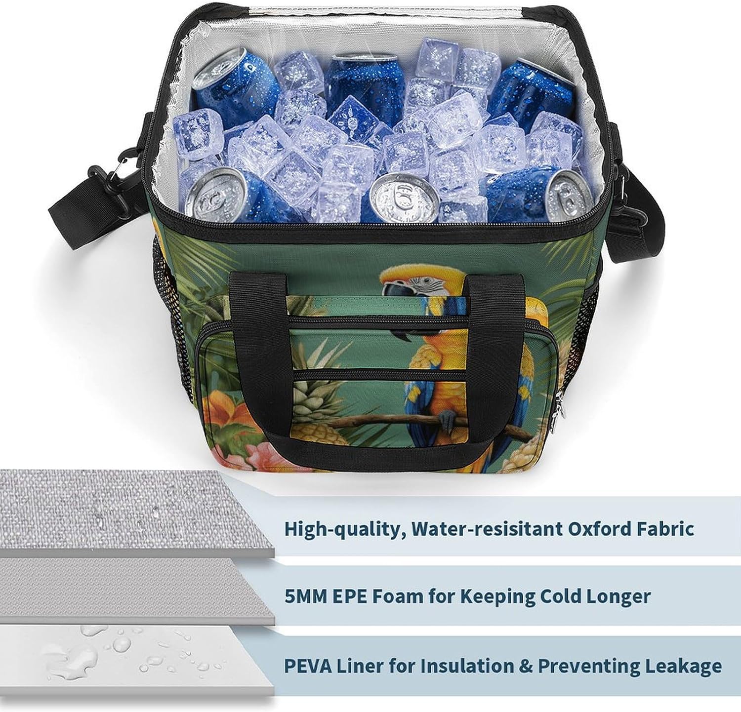 Large-Capacity Oxford Cloth Summer Parrot Pineapple Bird Printed Camping Ice Bag, Outdoor Portable Insulation and Cold Storage Bag, Enjoy A Cool Camping Time