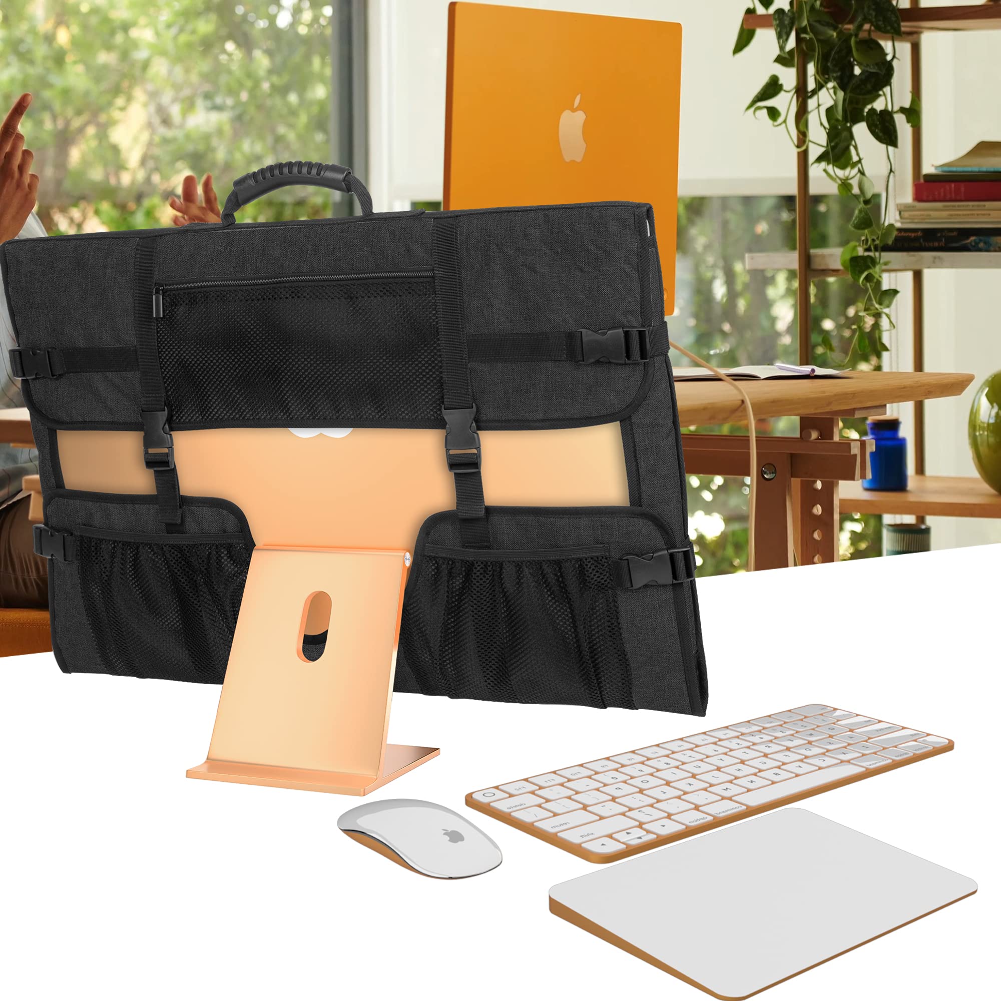 CURMIO Borsa da Viaggio per Computer Desktop Apple iMac da 24", Copertura Antipolvere per Schermo del Computer con Manico in Gomma e Tasche, Nero (in Attesa di Brevetto)