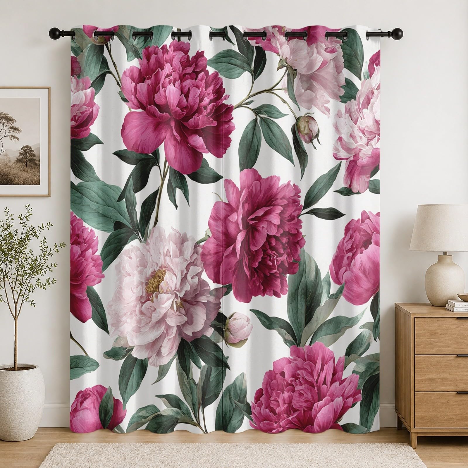 Rideau occultant pivoine rose vintage 91.5x214 cm à oeillets isolant thermique pour salon lot de 2