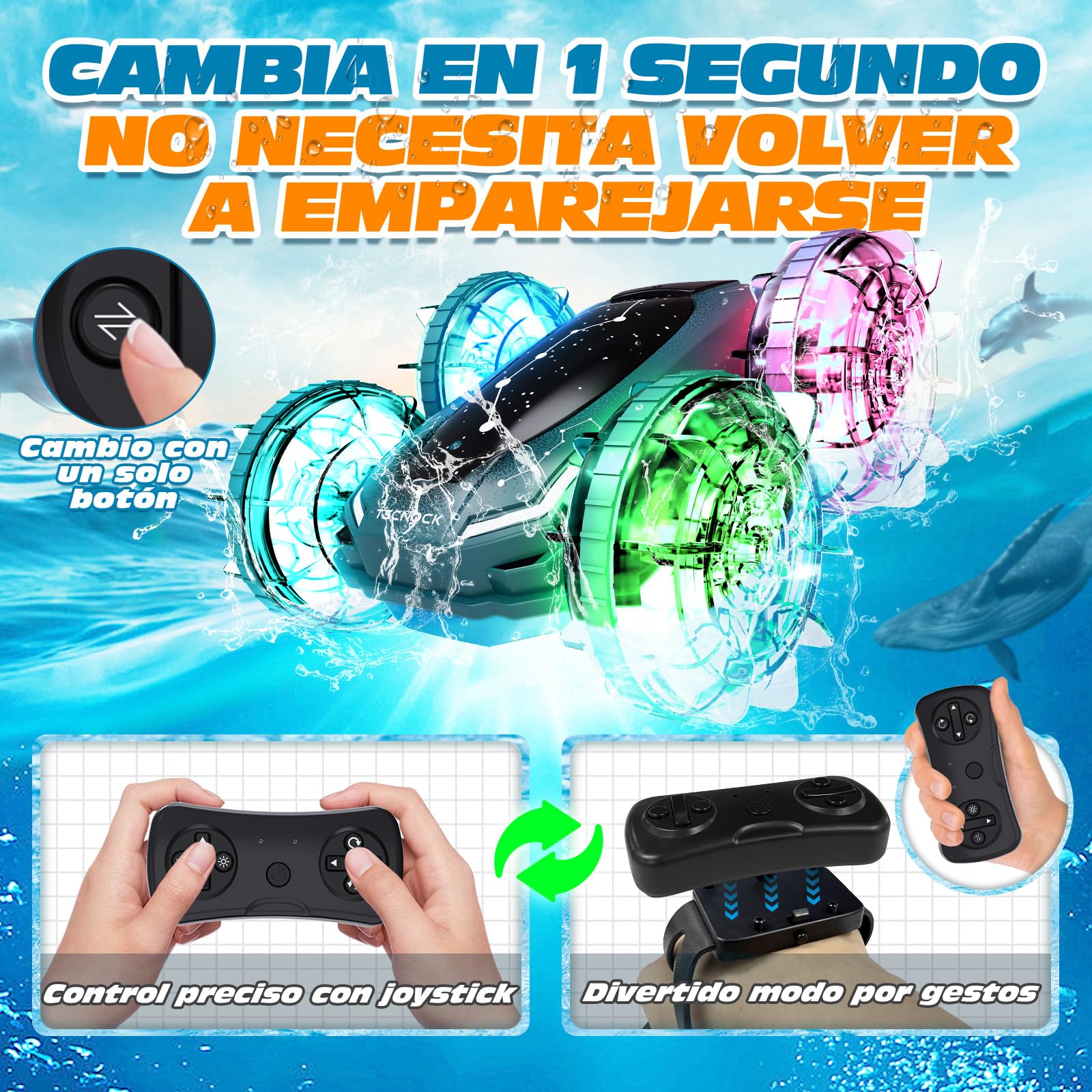 Tecnock Barco Anfibio teledirigido para Coche, Control de Gestos 4WD, Coche RC con Carga magnética, Tiempo de Funcionamiento de 60 Minutos, Luces LED, Juguete de Piscina para niños de 6 a 12 años