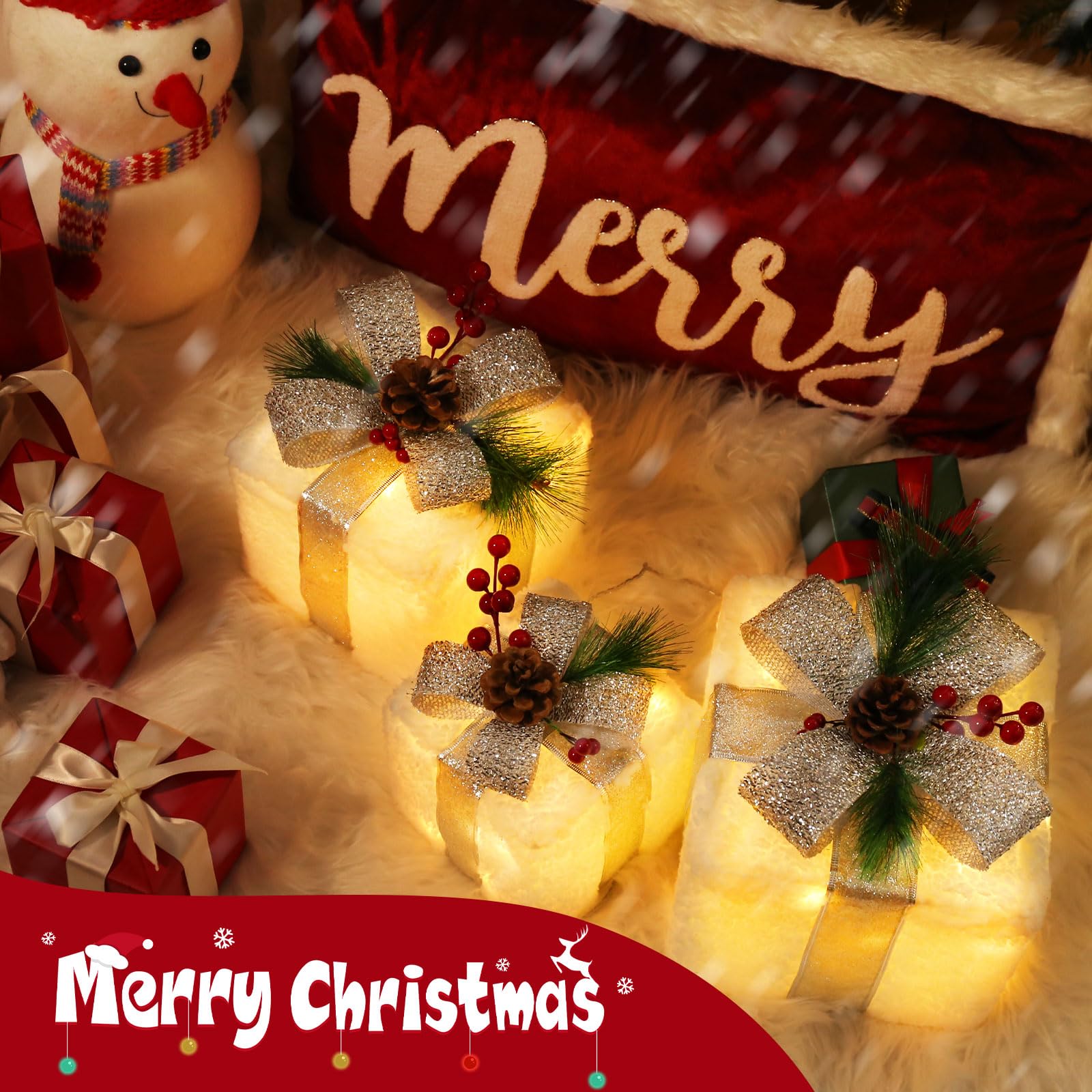 Quntis Boîtes à Cadeaux Lumineuses, 60 LEDs Décoration de Noël，Neige | Lot de 3 Boîtes Lumineuses Décoration Éclairage de Noël Intérieur/Extérieur Déco Lumière