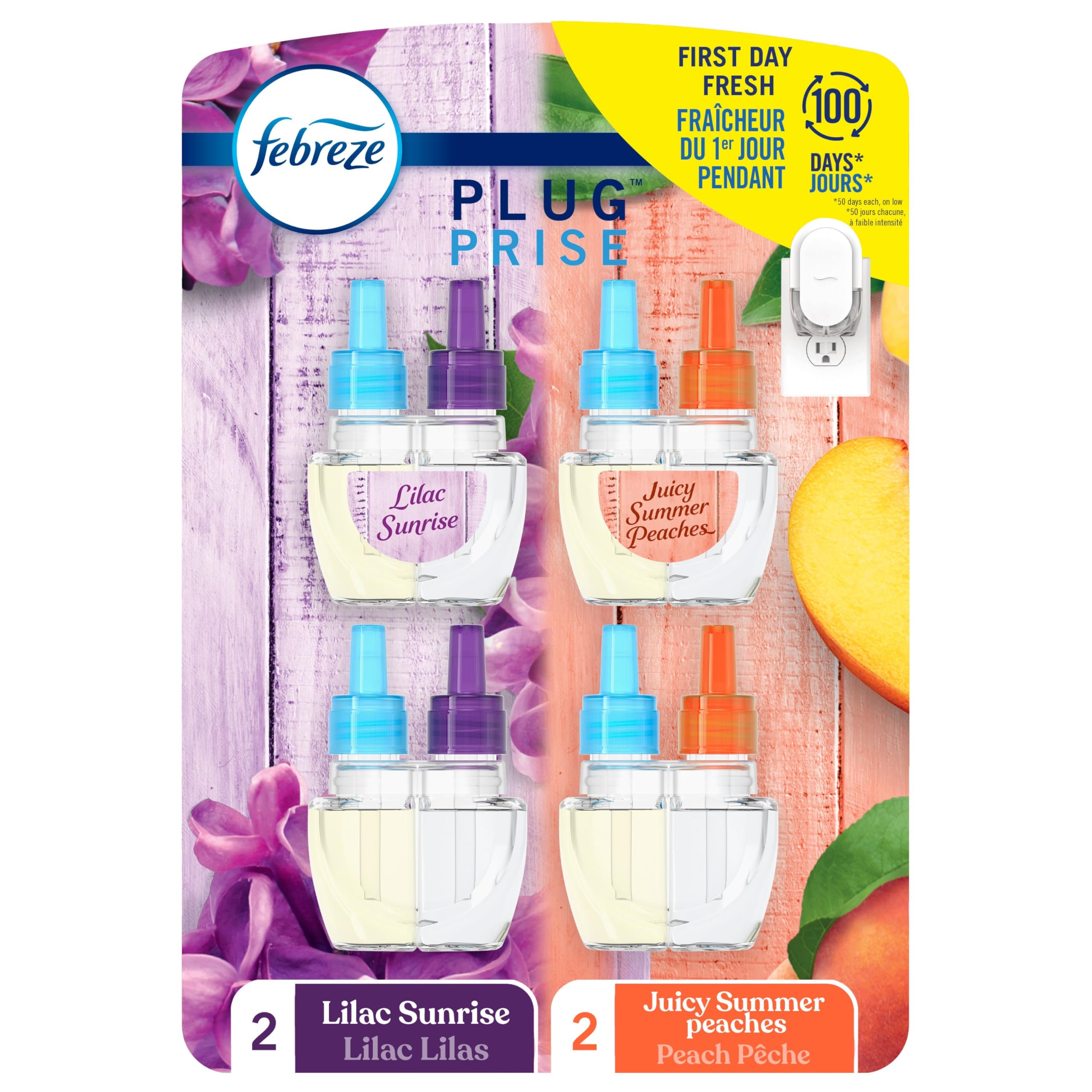 Febreze Plug In Air Freshener, Odor-Fighting Scented Oil Refill, Air Fresheners for Home and Bathroom and Kitchen, Long Lasting for Strong Odors, Lilac and Peach Scent, 0.87oz Refills, 4 Count