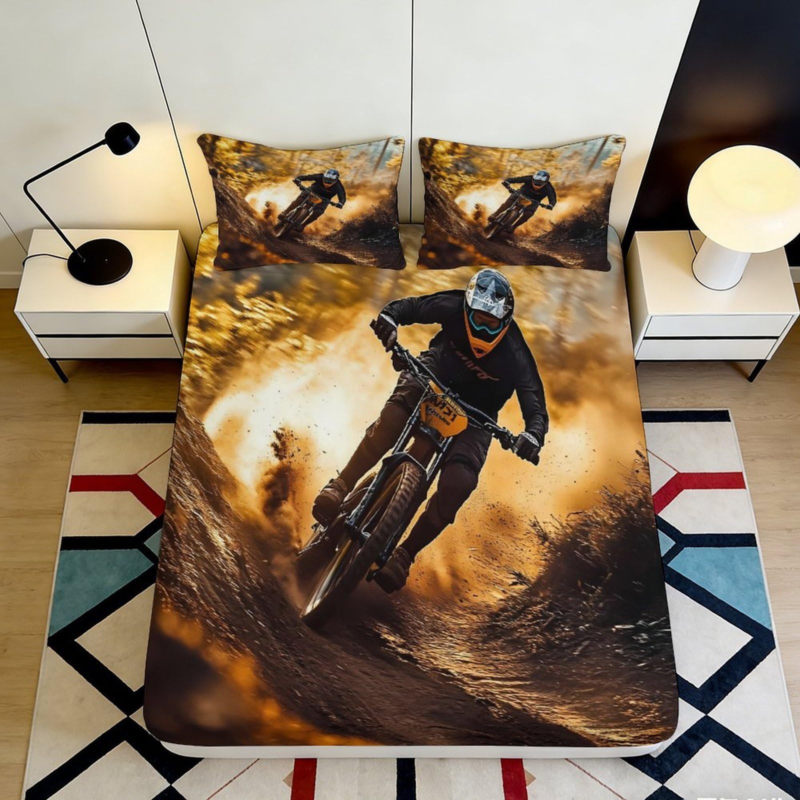 3D Printed Mountain Biking Fitted Sheet Microfiber Soft Breathable Dirt Trail Bed Cover for Bedroom Dorm Mattress Protection Decor 120x200x25cm
