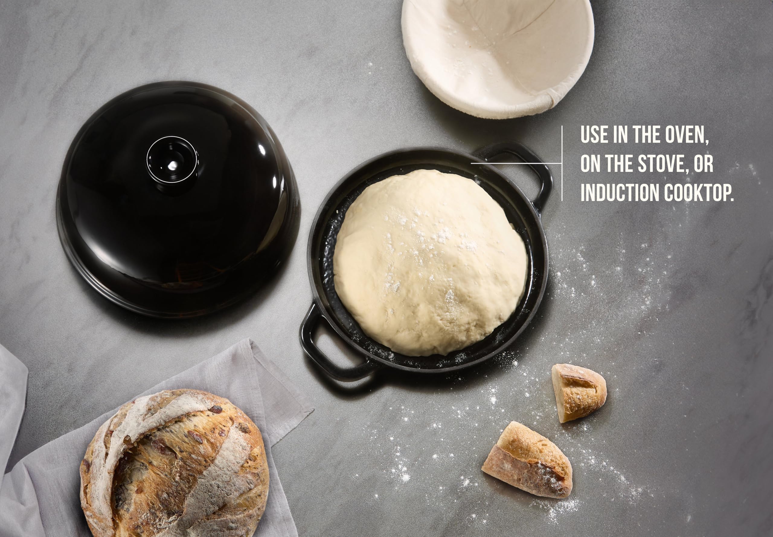 Kook Four à pain, poêle à levain avec couvercle et poignées, poêle en fonte émaillée et couvercle en céramique, pour la cuisson, la cuisson, le rôti, noir