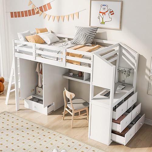 Miniatura 5 de DEINPPA Cama tipo loft de tamaño individual con armario y armario marco de cama tipo loft de madera con cajones y estantes para niños niñas