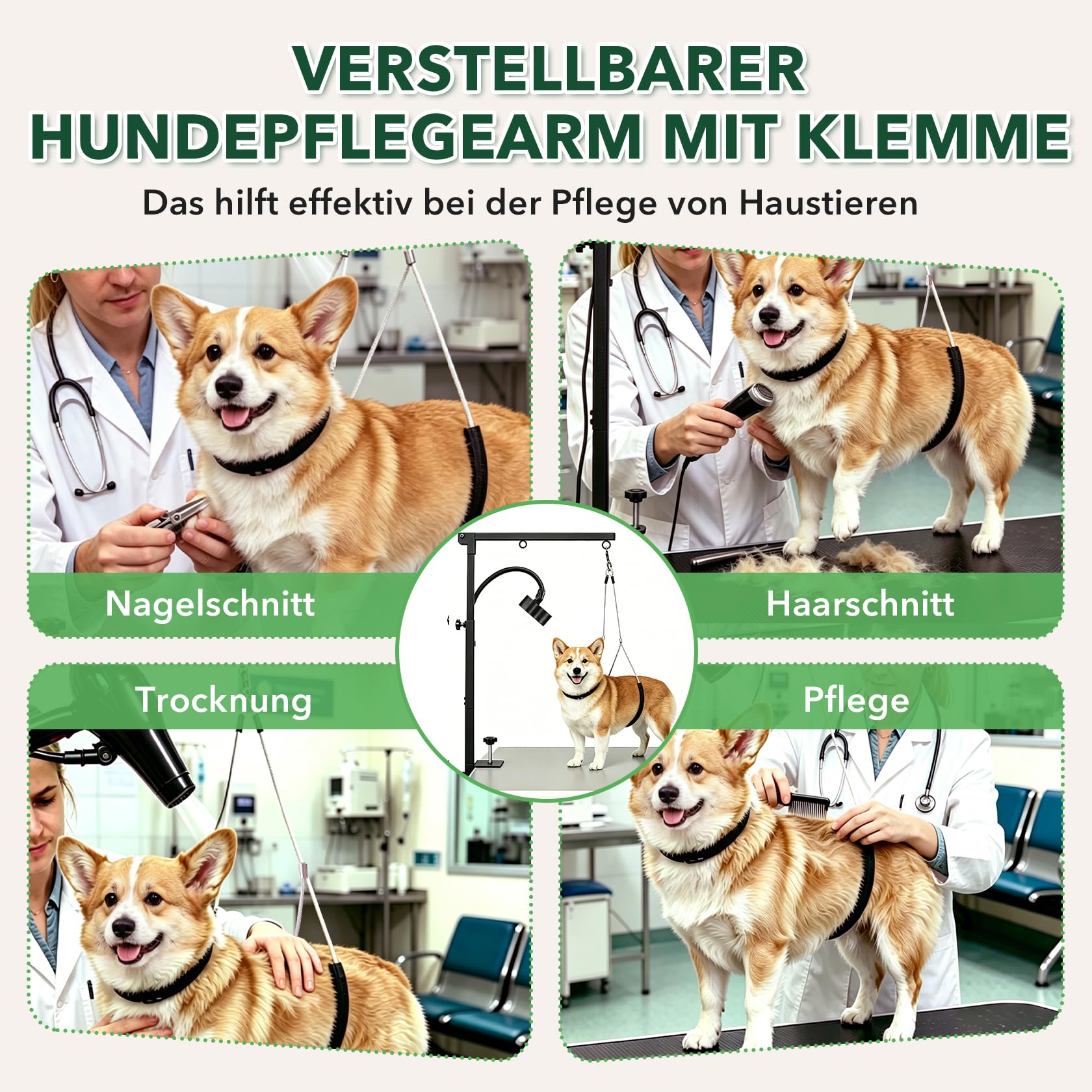 Pindex Verstellbarer Hundepflegearm mit Klemme, 74–104 cm, Hundepflegetisch-Arm inkl. Föhnhalter und Schlaufe für kleine und mittelgroße Hunde