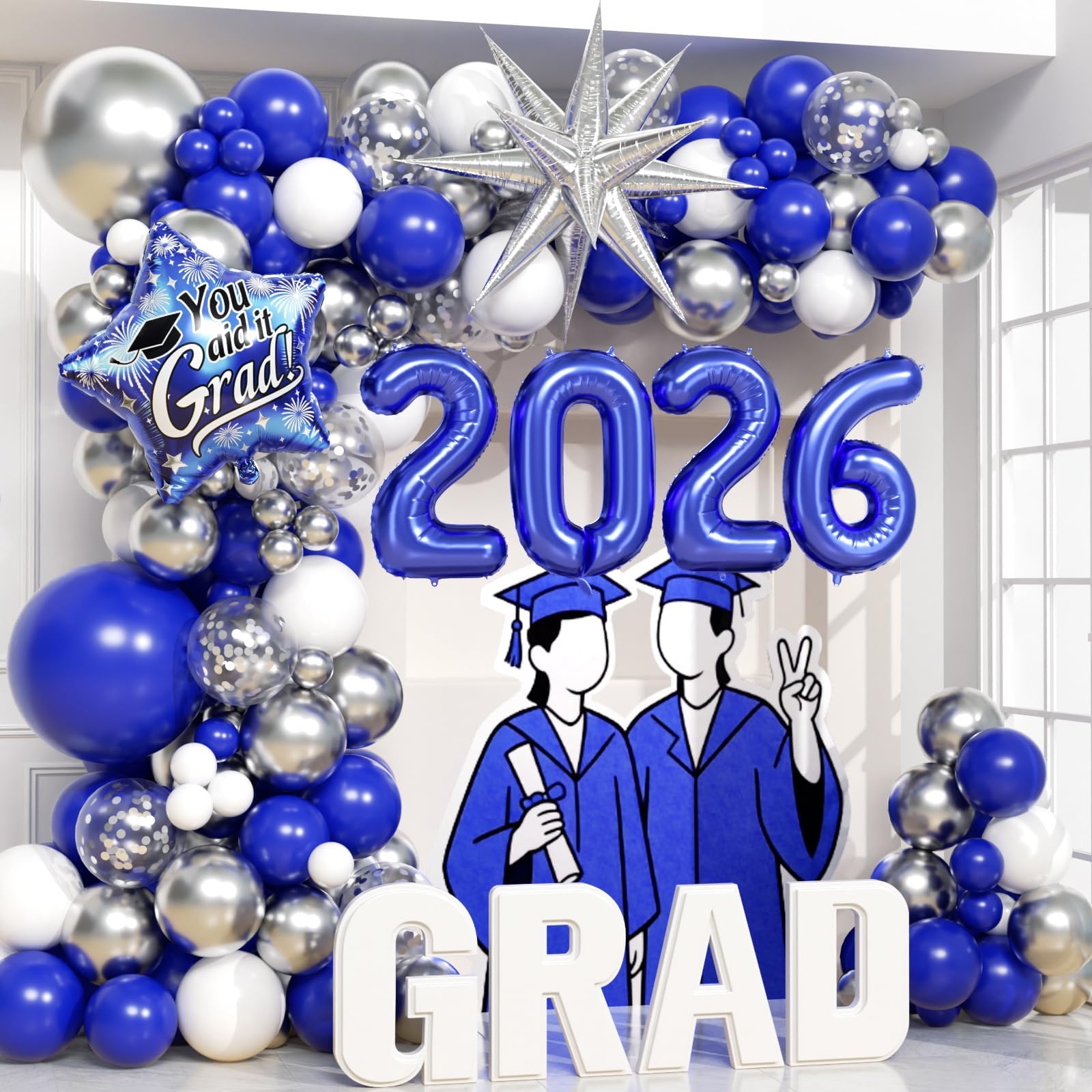 Photo 1 of Graduation Balloon Arch Kit 2026 with Metallic Silver Confetti White Royal Blue Balloons for Blue Graduation Decorations 2026
