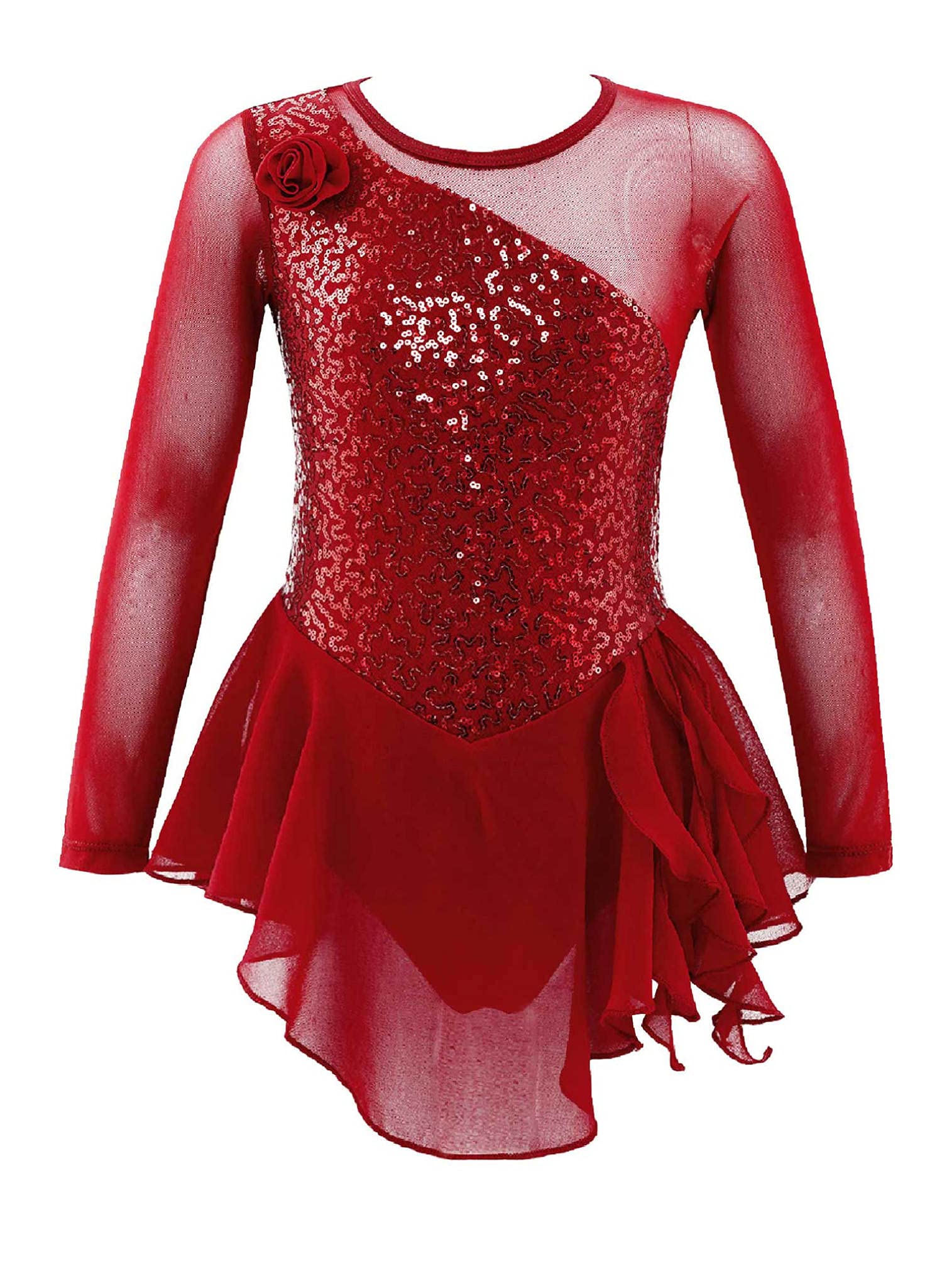 easyforever Kids Girls Metallic Snowflake Ice Figure Skating Tutu Dress Long Sleeve Gymnastic Leotard Performing Costume Red 4 10 Years
