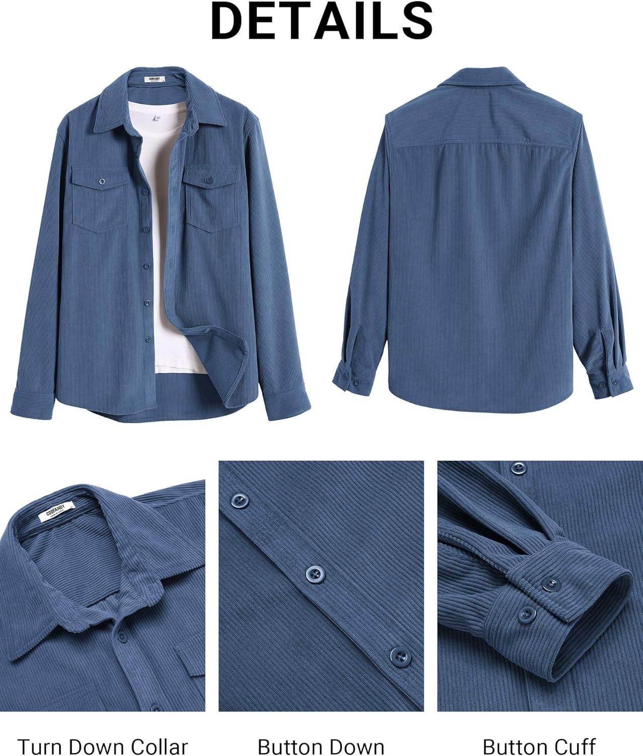 COOFANDY Men's Corduroy Button Down Shirts Jackets Casual Long Sleeve Shacket Lightweight Overshirts with Flap Pockets - Image 5
