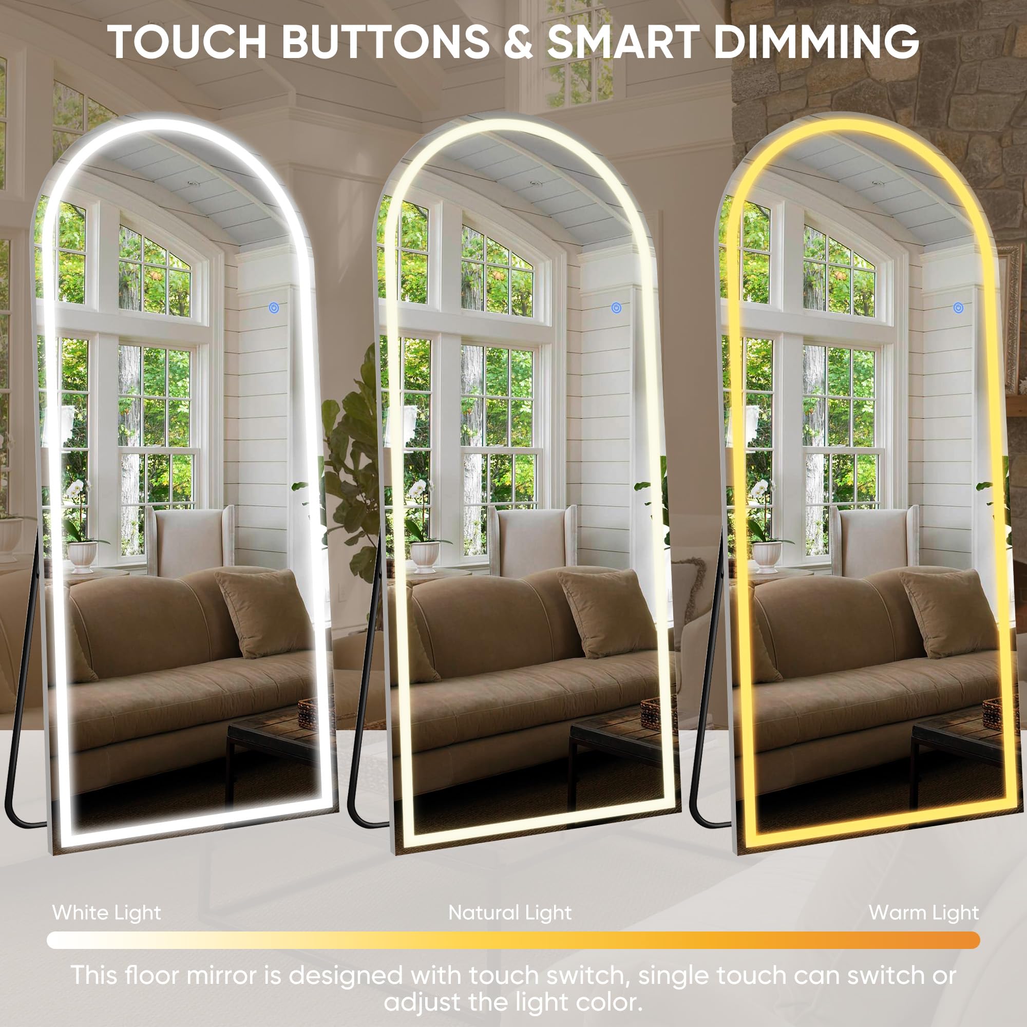 Antok LED Full Length Mirror, 59" x 22" Lighted Floor Standing LED Mirror Full Length,Hanging Mirror with Stand Free Standing Floor Mirror for Bedroom (Arched)