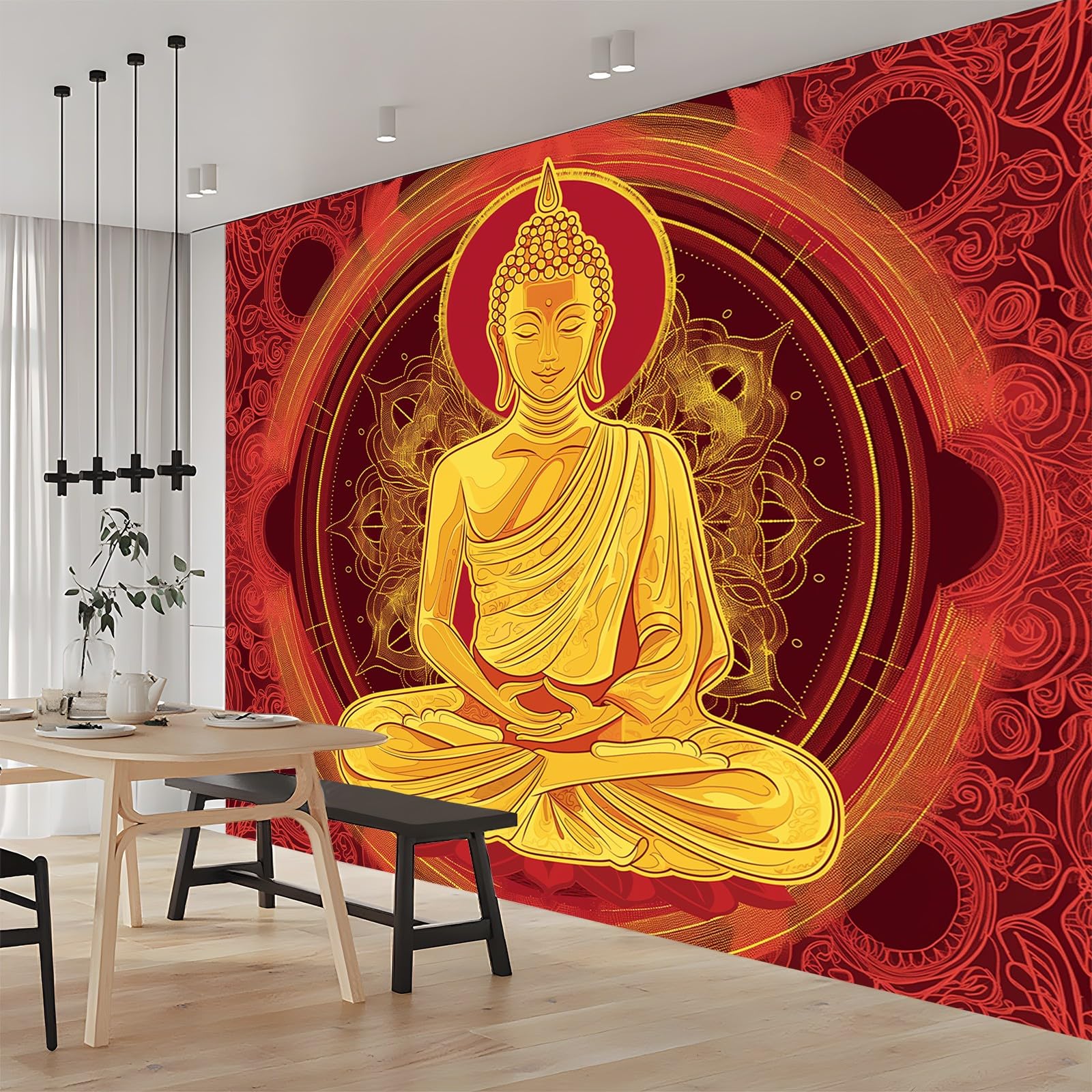 Carta da parati 250 x 175 cm Fotomurali in Murale alla moda Decorazione da Muro Poster Gigante Design Mandala in postura di meditazione Carta per pareti Rosso