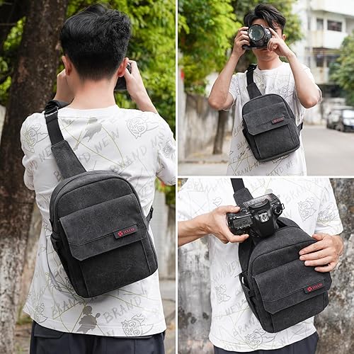 Miniatura 33 de TULLIO Bolsa para cámara pequeña de lona, bolso cruzado impermeable para cámara DSLR para fotógrafo Verde militar,Negro-Gris,Blanco apagado,Verde
