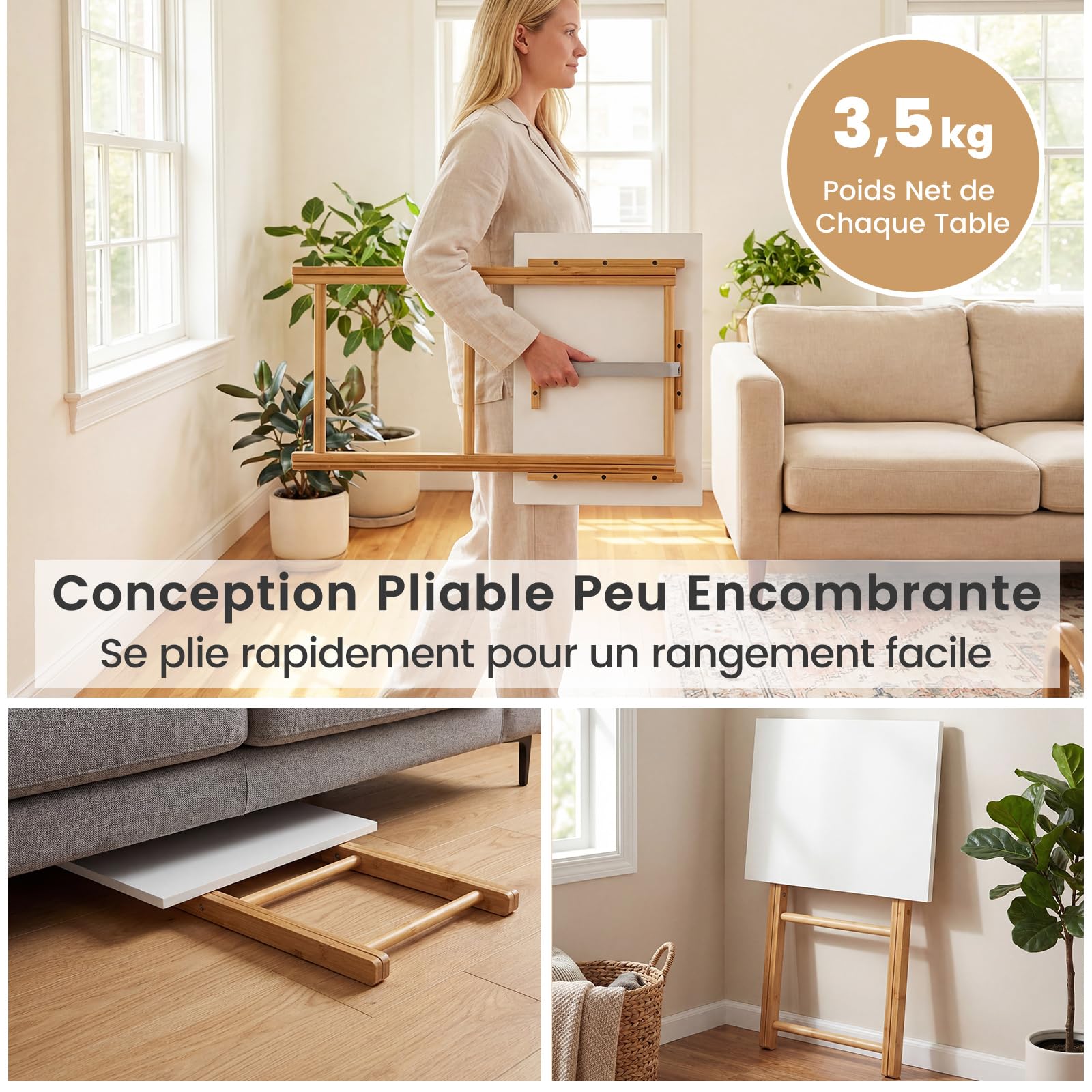 COSTWAY Petite Table Pliante en Bambou Lot de 2, Table d'Appoint de Balcon Portable, 48 x 35 x 64 cm, Montage Facile, pour Salon, Jardin, Appartement, Camping