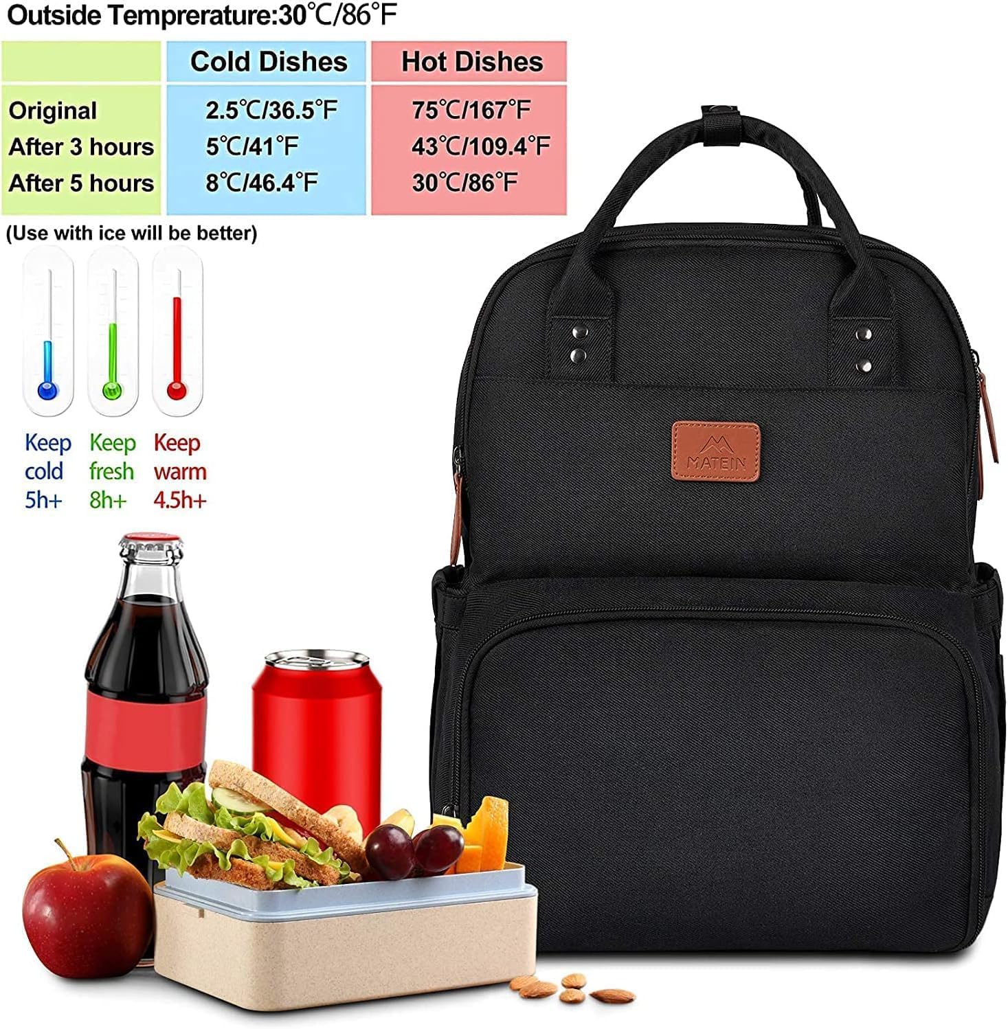 MATEIN Sac à Dos Déjeuner Isotherme, Sac à Dos Ordinateur 15,6 Pouces pour Homme Femme, avec Imperméable Sac Isotherme Repas Voyage pour Collège Affaire Scolaire, Noir