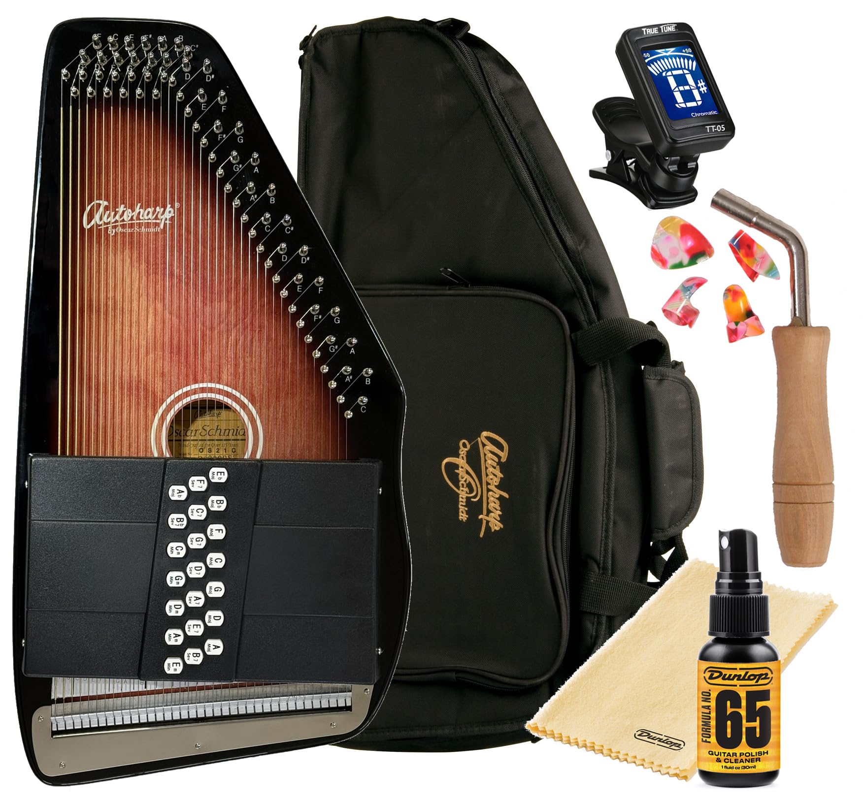 Oscar Schmidt OS21C 21 Chord Classic Autoharp with Instrument Alley AC445 Padded Gig Bag, Tuner, Polish, Tool, Picks Bundle Package