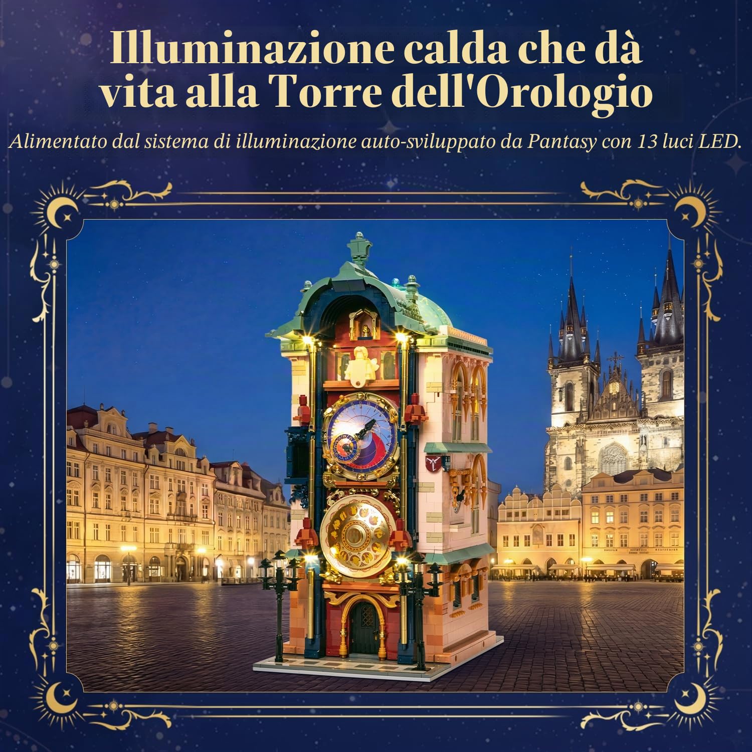 PAN TASY Orologio Astronomico di Praga Set da Costruzione con Motore e Luci LED, Modello Architettura Gotica Modulare, Quadranti Rotanti Meccanici, Edificio da Collezione per Adulti