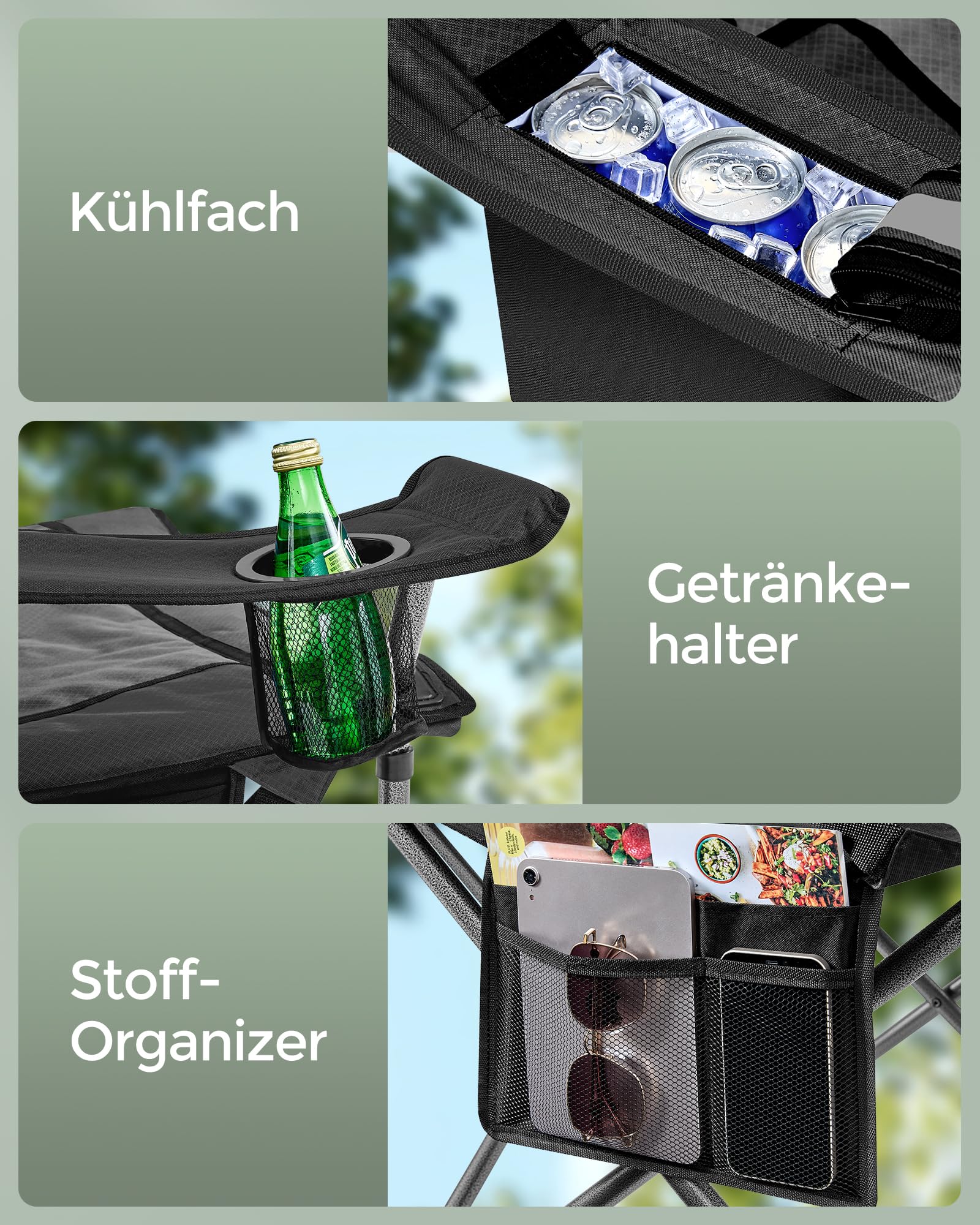 SONGMICS Campingstuhl, Klappstuhl mit Getränkehalter, Angelstuhl, Schaumstoffpolsterung, klappbar, bis 205 kg belastbar, Outdoor-Stuhl, hohe Rückenlehne