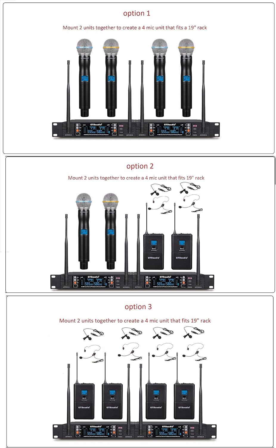 GTD Audio 2x100 Adjustable Channels UHF Wireless Headset &Lavaliere Lapel Microphone DJ Karaoke Mic System Range 400Ft