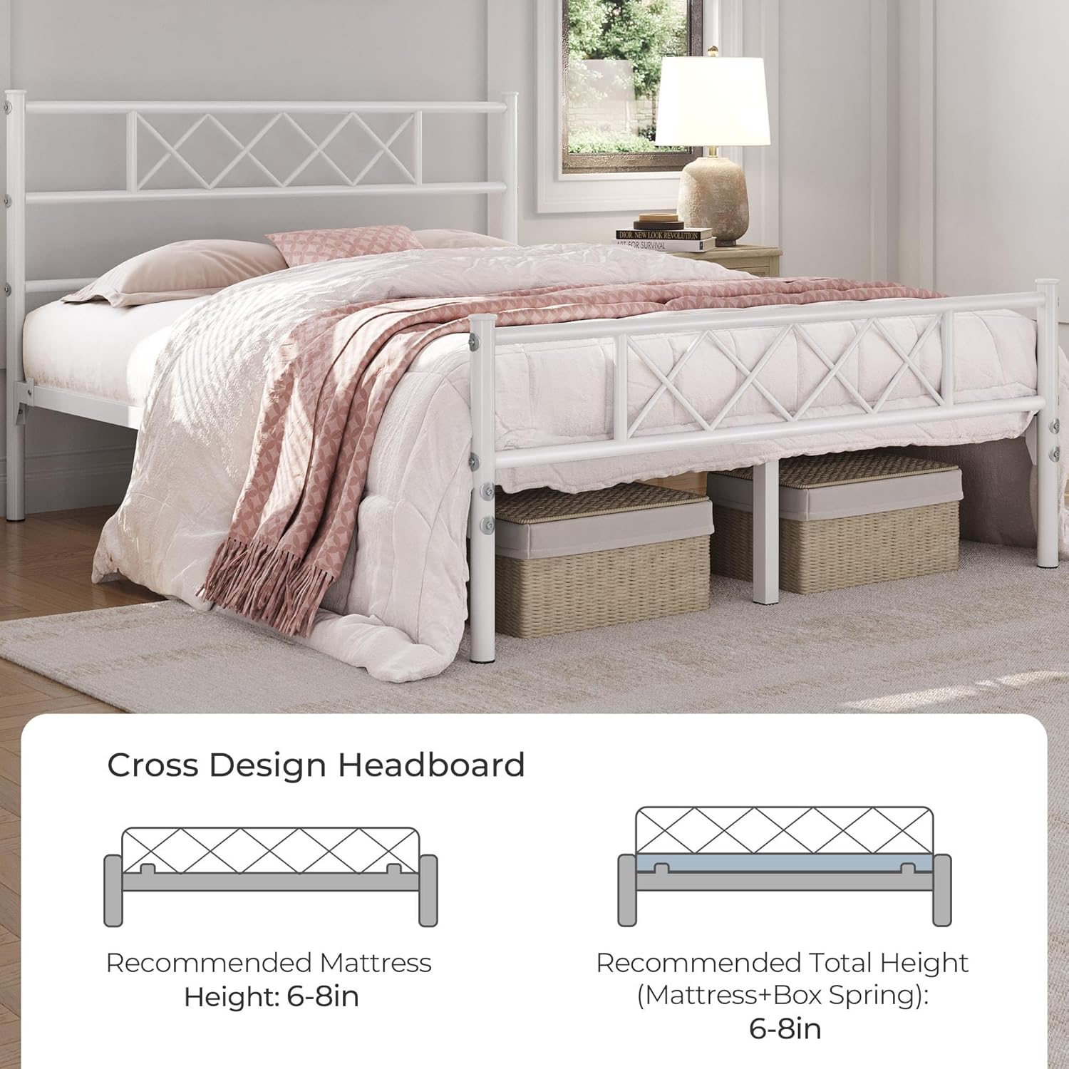 Yaheetech Queen Metal Platform Bed Frame Mattress Foundation with Headboard and Footboard No Box Spring Needed Under Bed Storage Steel Slats,White - Image 9