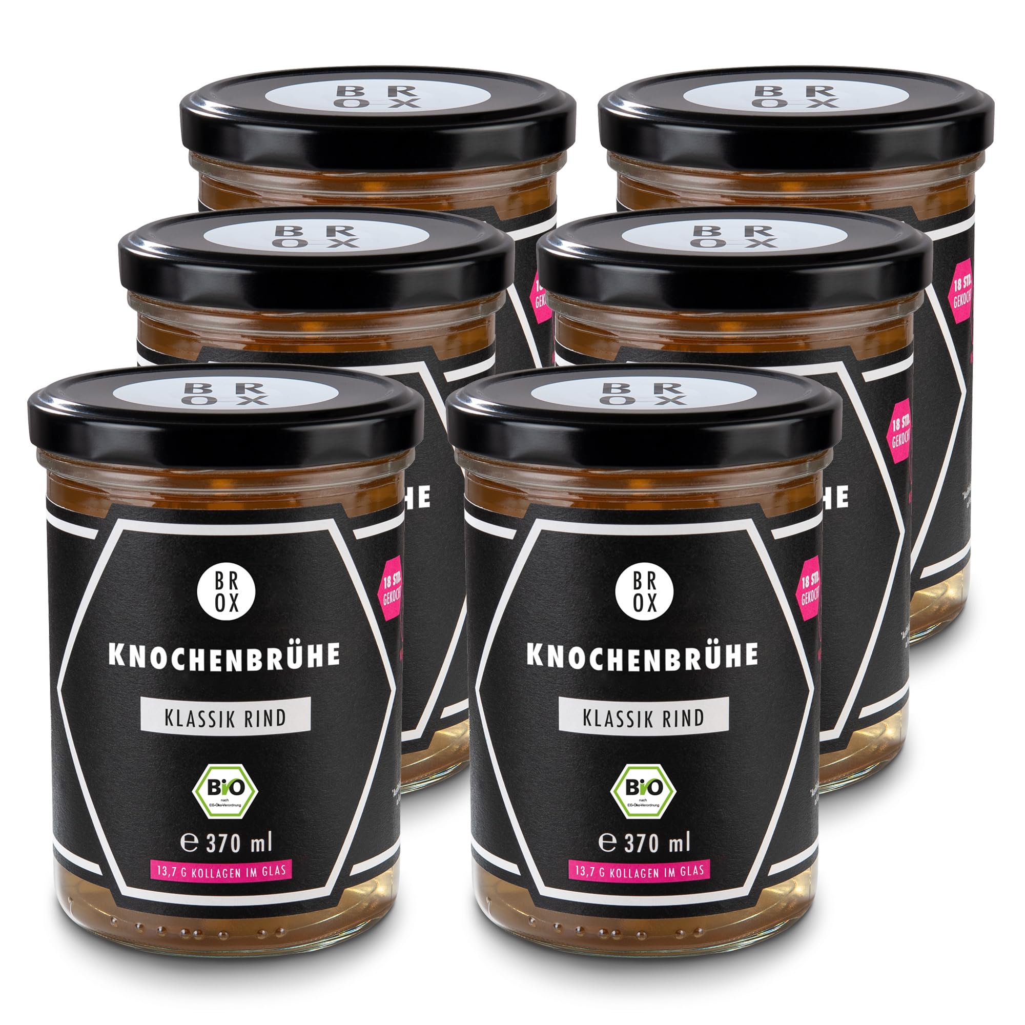 BROX Knochenbrühe Huhn Bio [6x370ml] – 18 Std. gekocht, Deutschland – Kollagen & Aminosäuren – Hühnerbrühe aus Freilandhaltung – Premium Bone Broth