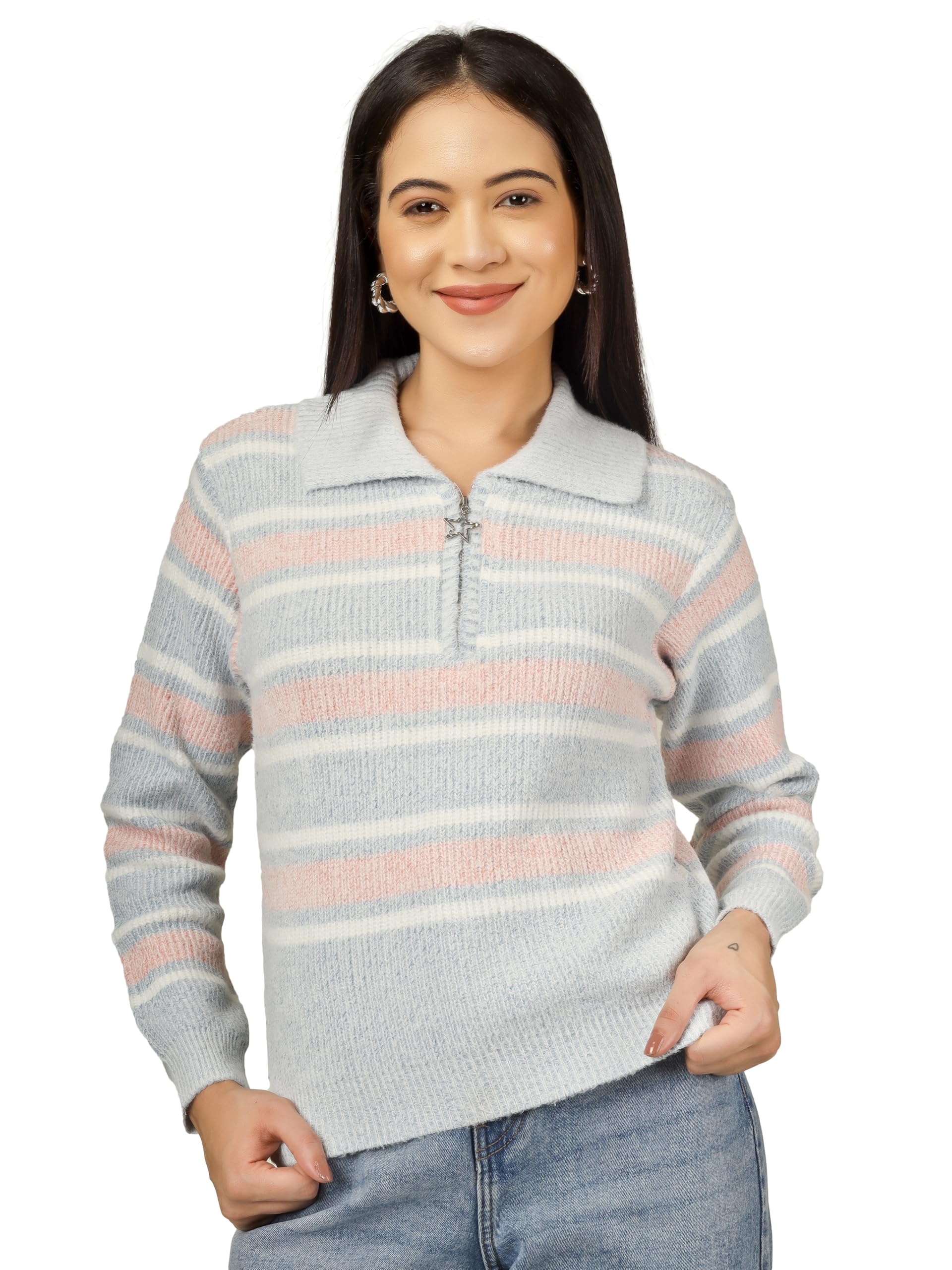 Women’s Striped Knitted Sweater with Zip Collar – Casual Winter Pullover Top-image-24