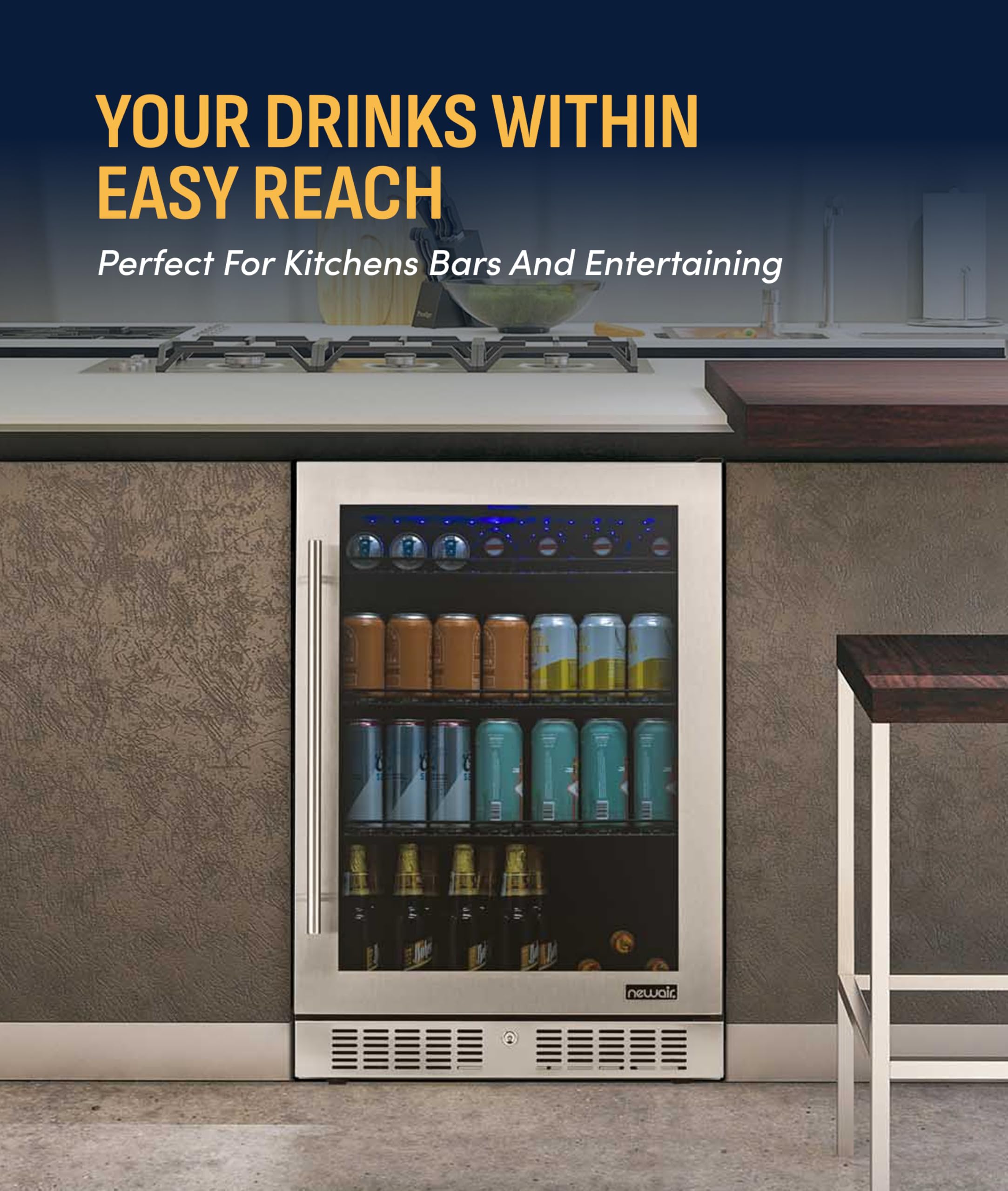 NewAir 224 Can Beverage Refrigerator | 24” Built-In Or Freestanding Mini Fridge For Bedroom, Home Bar Or Living Room | Color-Changing LED & Adjustable Shelves | Stainless Steel on Fridge.com - View 3
