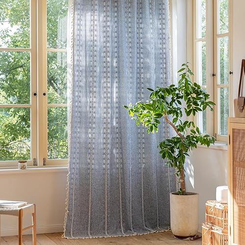 Miniatura 11 de Sutuo Home - Cortinas bohemias negras de 84 pulgadas de largo para dormitorio y guardería, cortinas de estilo rústico con dobladillo para barra, con