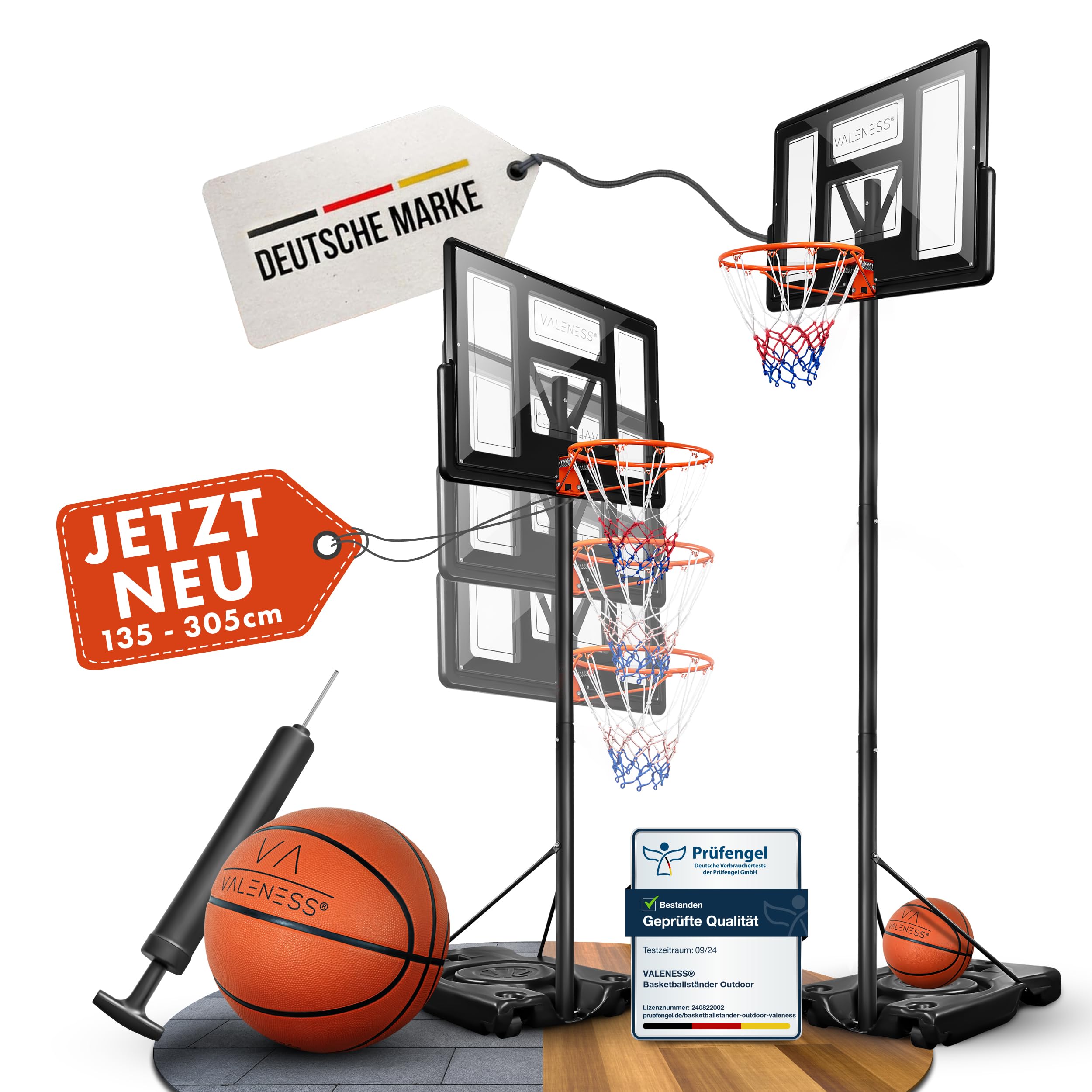 VALENESS® Basketballkorb Outdoor - [135 bis 305 cm] Höhenverstellbarer und Wetterfester Ständer - Profi Korb Mit Basketball und Pumpe für Kinder und Erwachsene