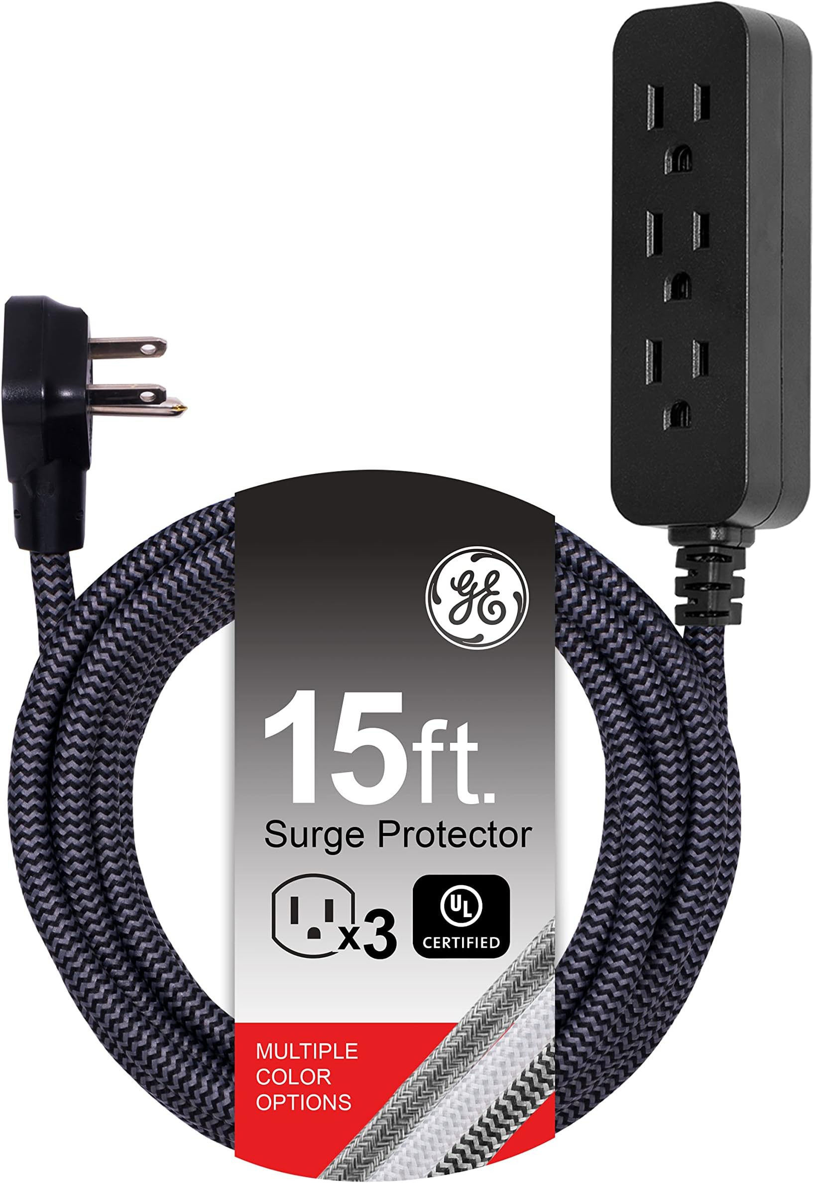 GE 3-Outlet Power Strip Surge Protector 15 Ft Braided Long Cord Extension Cord Surge Protector Power Strip Flat Plug Extension Cord 250 Joules UL Listed Black 44237