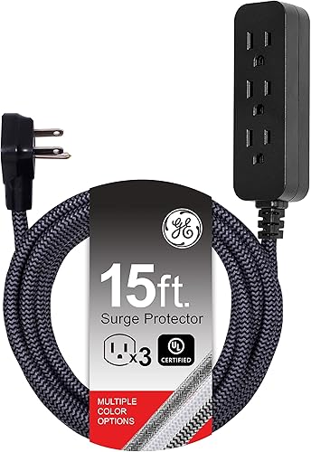 GE Designer - Cable de extensión con protección contra sobretensiones, cable de alimentación trenzado, 15 pies, 3 tomas de tierra