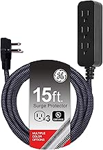 GE 3-Outlet Power Strip Surge Protector 15 Ft Braided Long Cord Extension Cord Surge Protector Power Strip Flat Plug Extension Cord 250 Joules UL Listed Black 44237