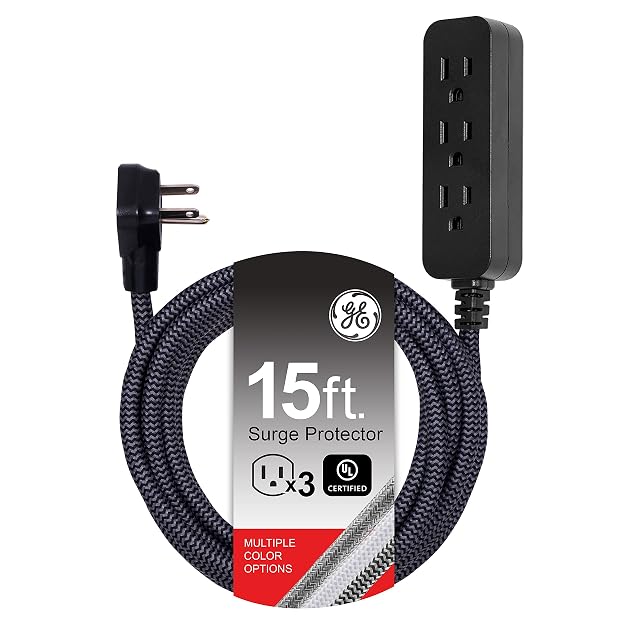 GE 3-Outlet Power Strip Surge Protector 15 Ft Braided Long Cord Extension Cord Surge Protector Power Strip Flat