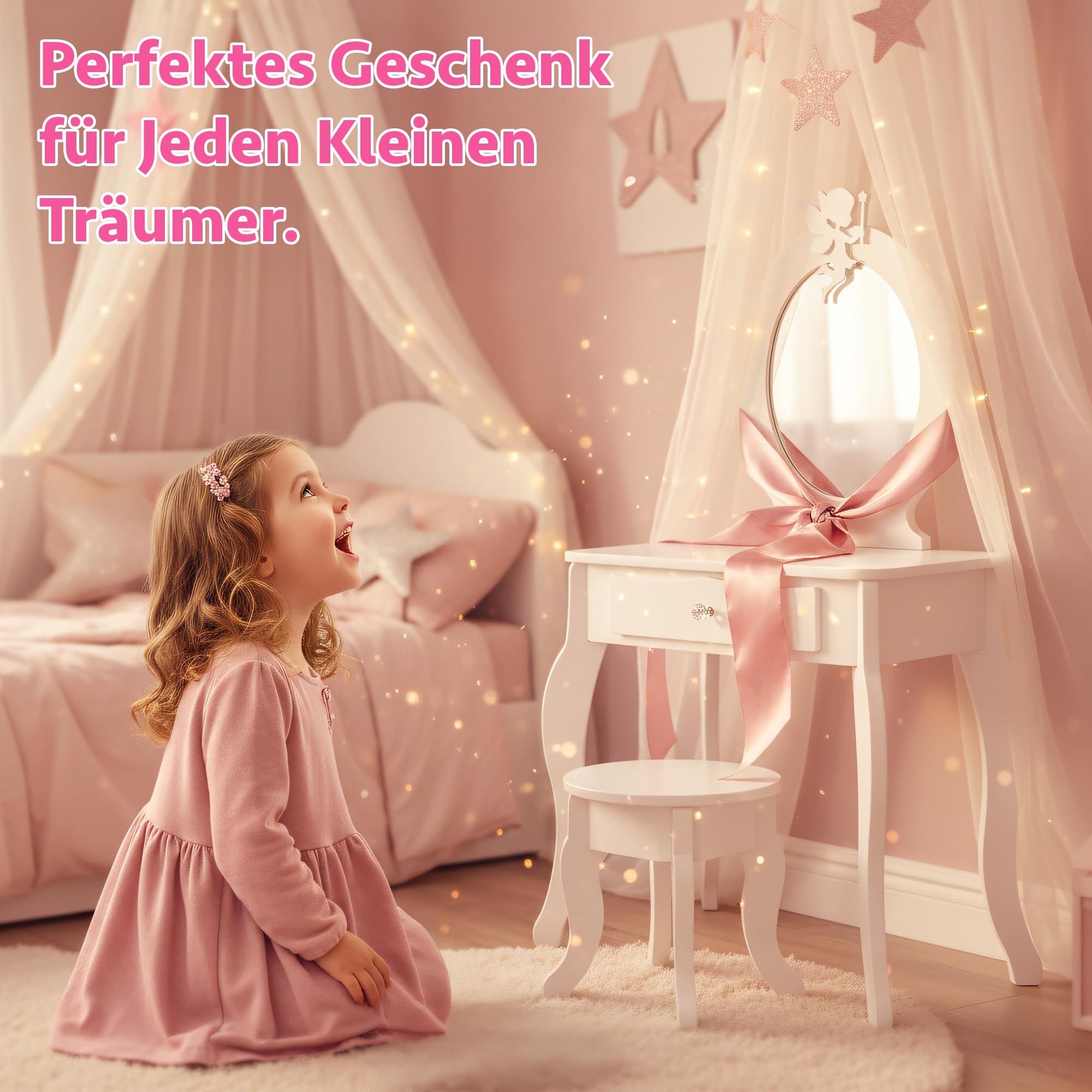 Green series Kinder Schminktisch aus Holz mit Spiegel & Hocker – Toaletttisch Mädchen mit Schublade & Aufklebern | Kinder Schminkkommode Holz, Schminktisch Kinderzimmer, Geschenk für Mädchen – GS3310