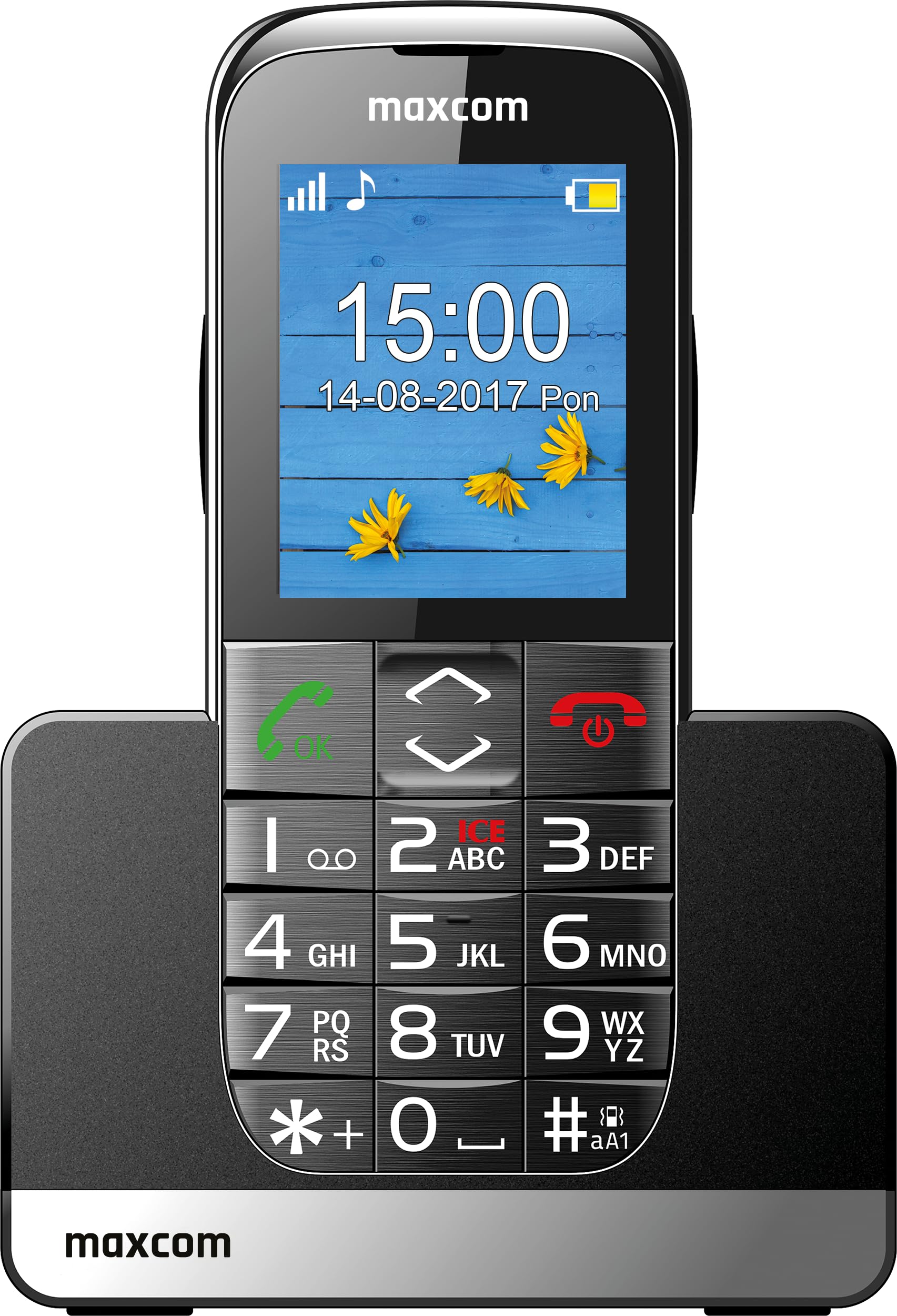 Maxcom Comfort Big Button Dual Sim UK SIM-Free 2G Mobile Phone, Black-Silver with Charging Dock