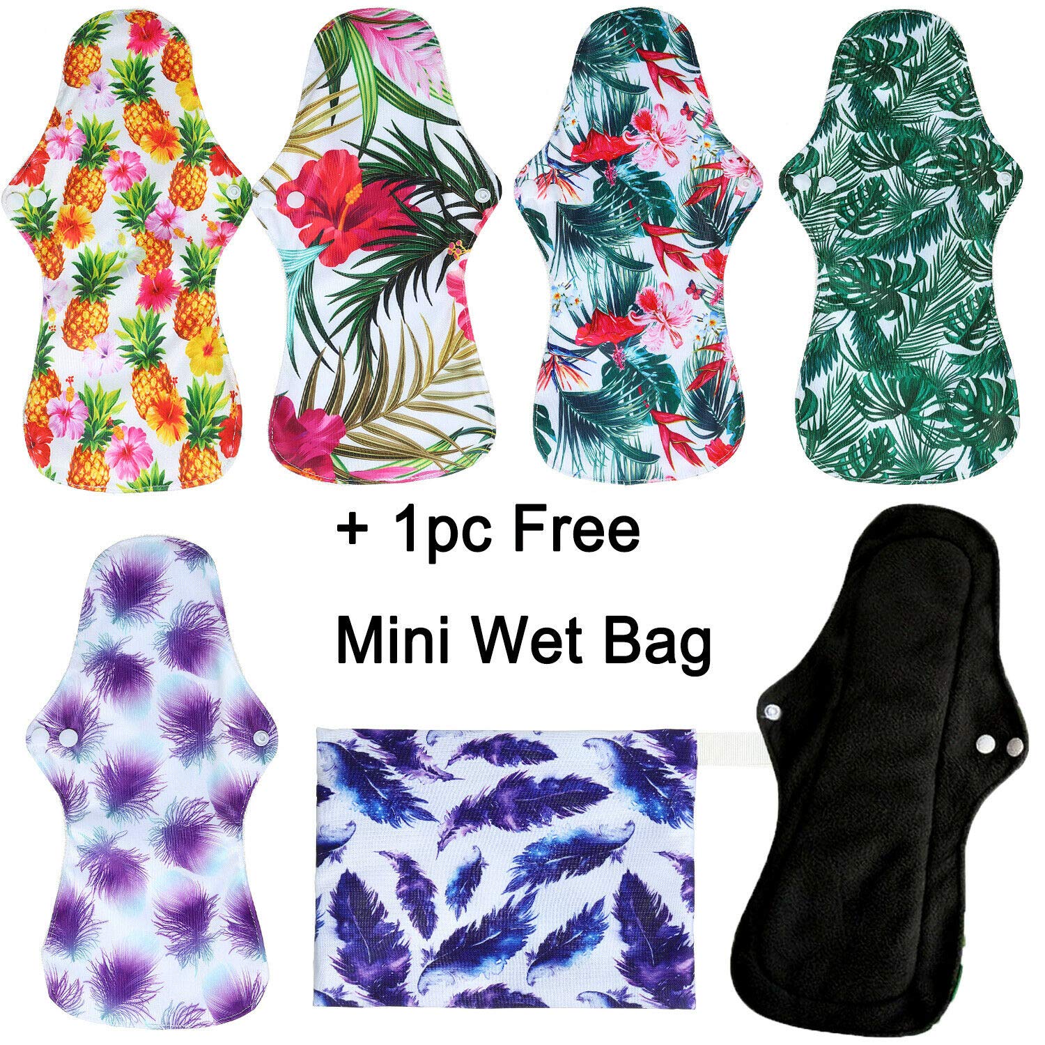 6Pcs Resuable Washable Sanitary Napkin Waterproof Menstrual Pad Sets Including 1Pc Mini Wet Bag and 5Pcs Heavy Flow Bamboo Charcoal Menstrual Pads Mama Cloth Sanitary Napkins