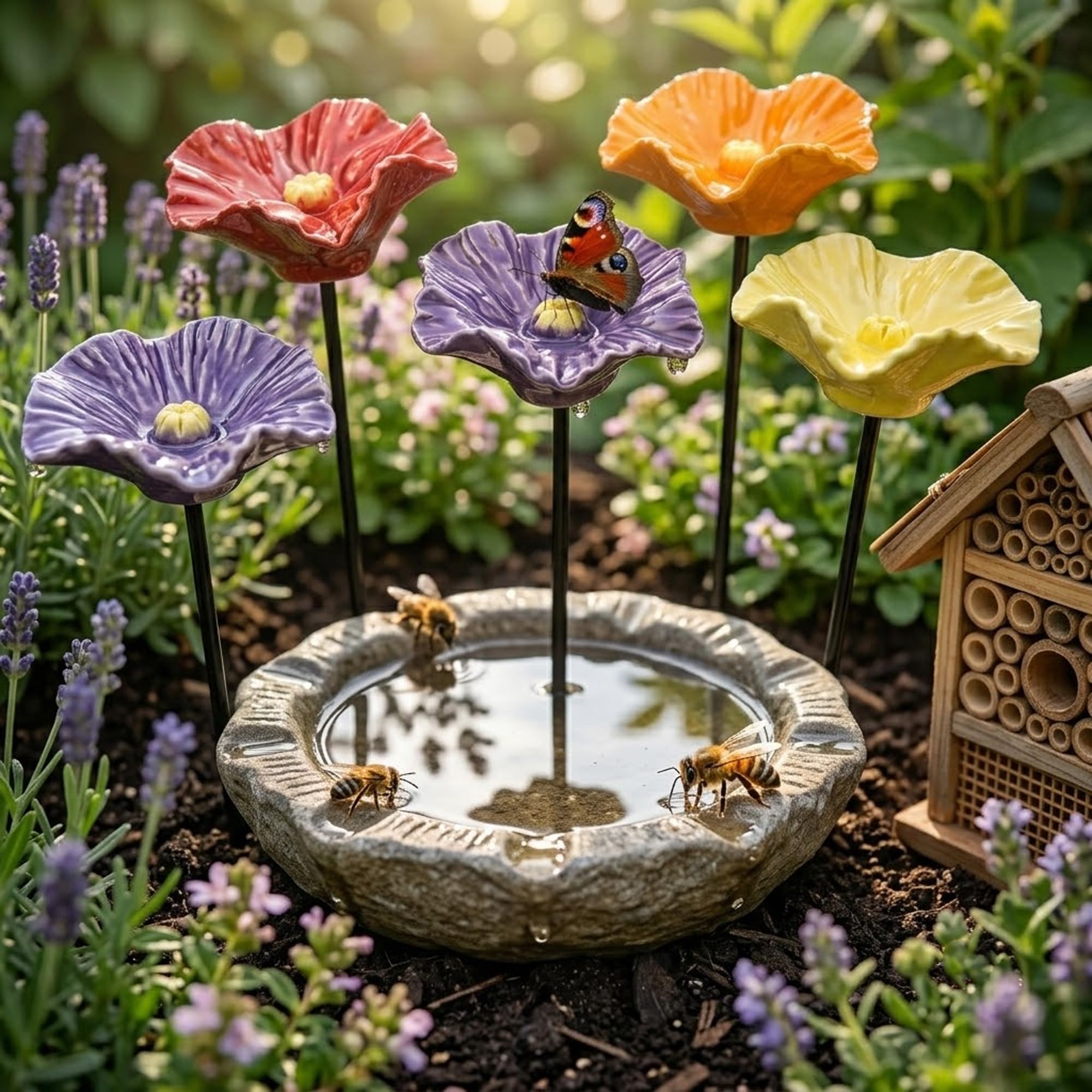 BienenträNke Keramik, InsektenträNke Keramiks Blume, Blumen Gartenstecker VogelträNke, Handgemachte BienenblüTen – Wetterfeste Keramik-TräNken, 4er-Set (4STK)