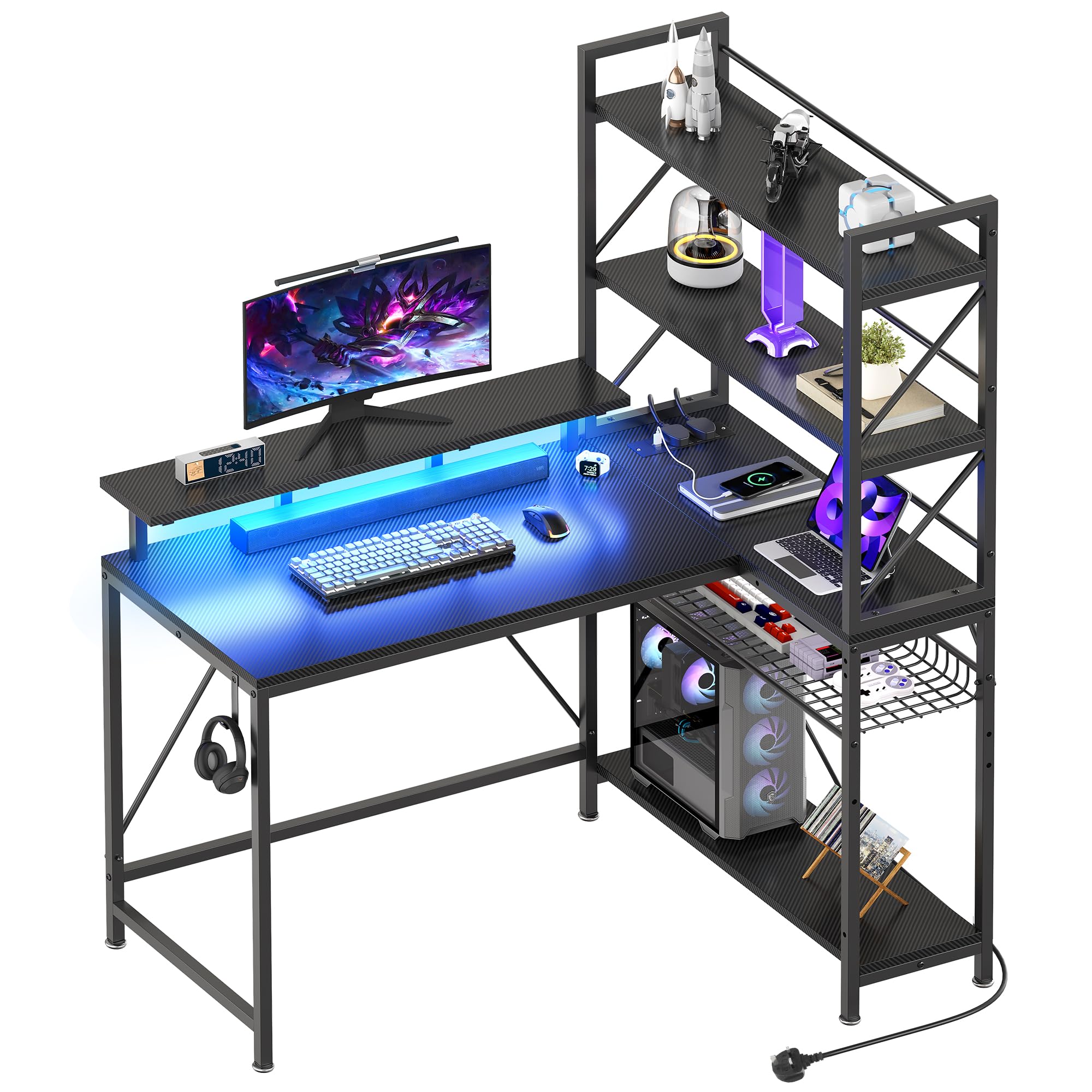 YITAHOME L Shaped Gaming Desk with Shelves Power LED 120cm Black