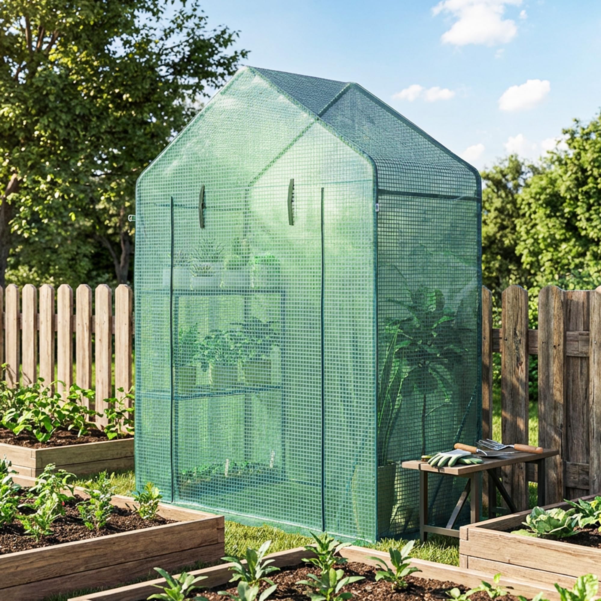 Outsunny Serra da Giardino con Porta Avvolgibile e Scaffale a 2 Ripiani, Serra per Orto con Struttura in Acciaio e Copertura PE, per Piante Orto Verdure Fiori Frutta, Anti UV, 143x73x195 cm, Verde