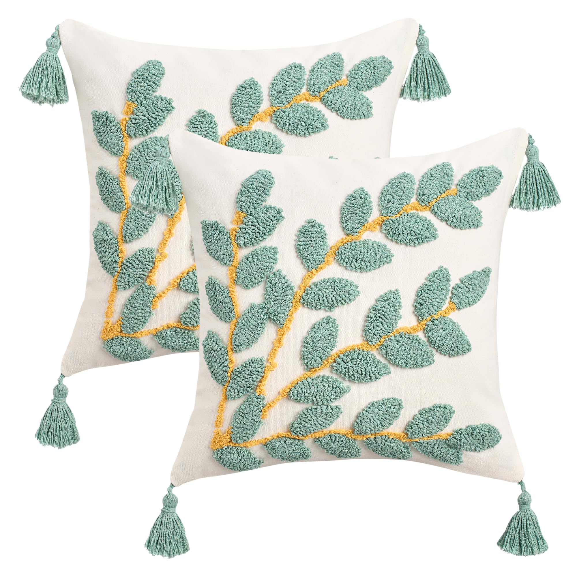 HMETOL Boho Leaf Embroidery Throw Pillow Cover with Tassels, Set of 2