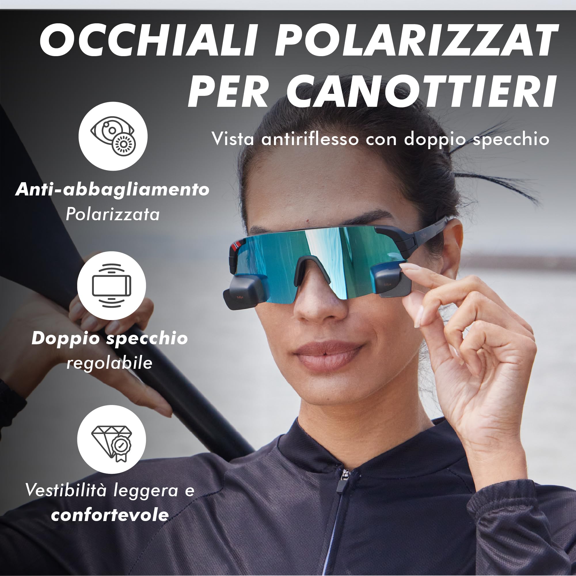 TriEye View Sport Occhiali da sole polarizzati uomo donna – Occhiali da ciclismo con specchietto retrovisore integrato, montatura leggera TR90, protezione UV400