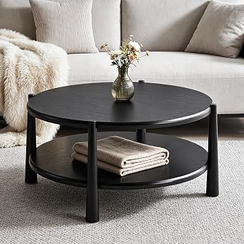 Round Coffee Table, Mid-Century Modern 2-Tier Wood Center Table with Open Storage Shelf, Minimalist Circle Coffee Table for Living Room Office, Black