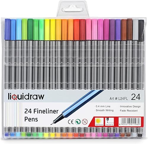 Liquidraw Fineliner - Juego de 24 bolígrafos de punta fina de 0.016 in, marcadores para colorear para diarios, dibujos, arte, Biblia, diario y toma