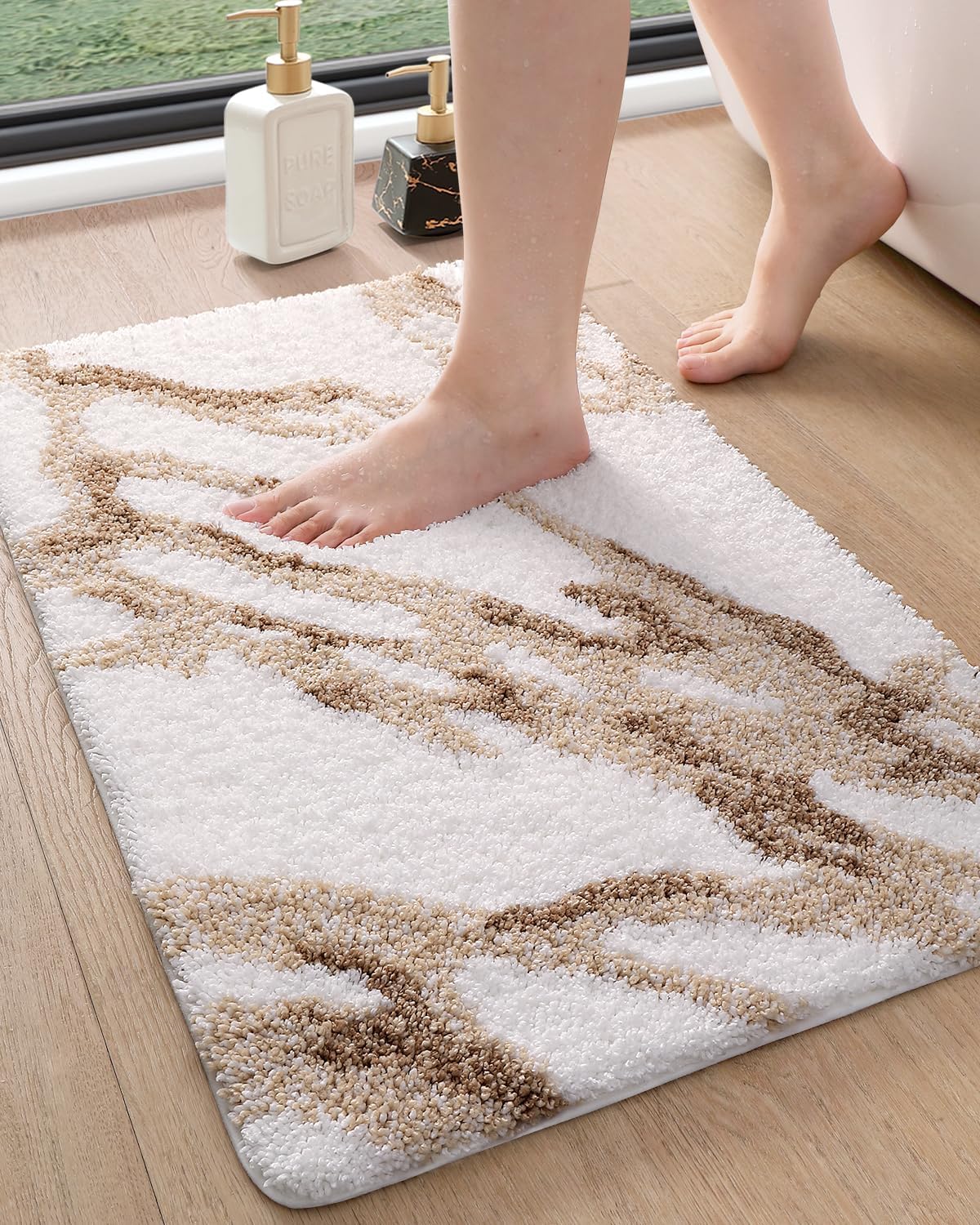 DEXI Soft Plush Bathroom Mat, Non Slip Washable Bath Rug, Absorbent Bathmat for Shower Tub Sink Toilet, 24x36, White and Beige 2' x 3' (Rectangular) White and Beige