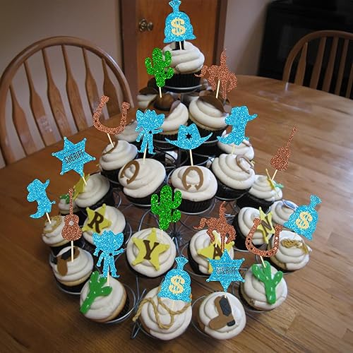 Miniatura 5 de Gyufise 36 piezas de adornos de vaquero para cupcakes con purpurina, zapatos de caballo, sombreros de vaquero, botas occidentales para cupcakes para