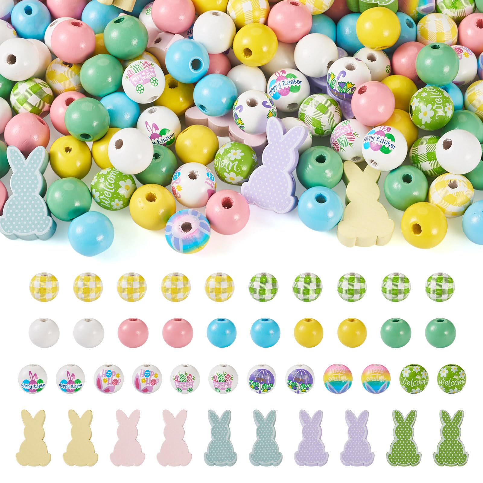 PandaHall 160pcs Easter Wooden Beads Tartan Round Wood Beads Bunny Rabbit Wooden Craft Beads for Farmhouse Garland Home Decor Jewelry Making โ image 1