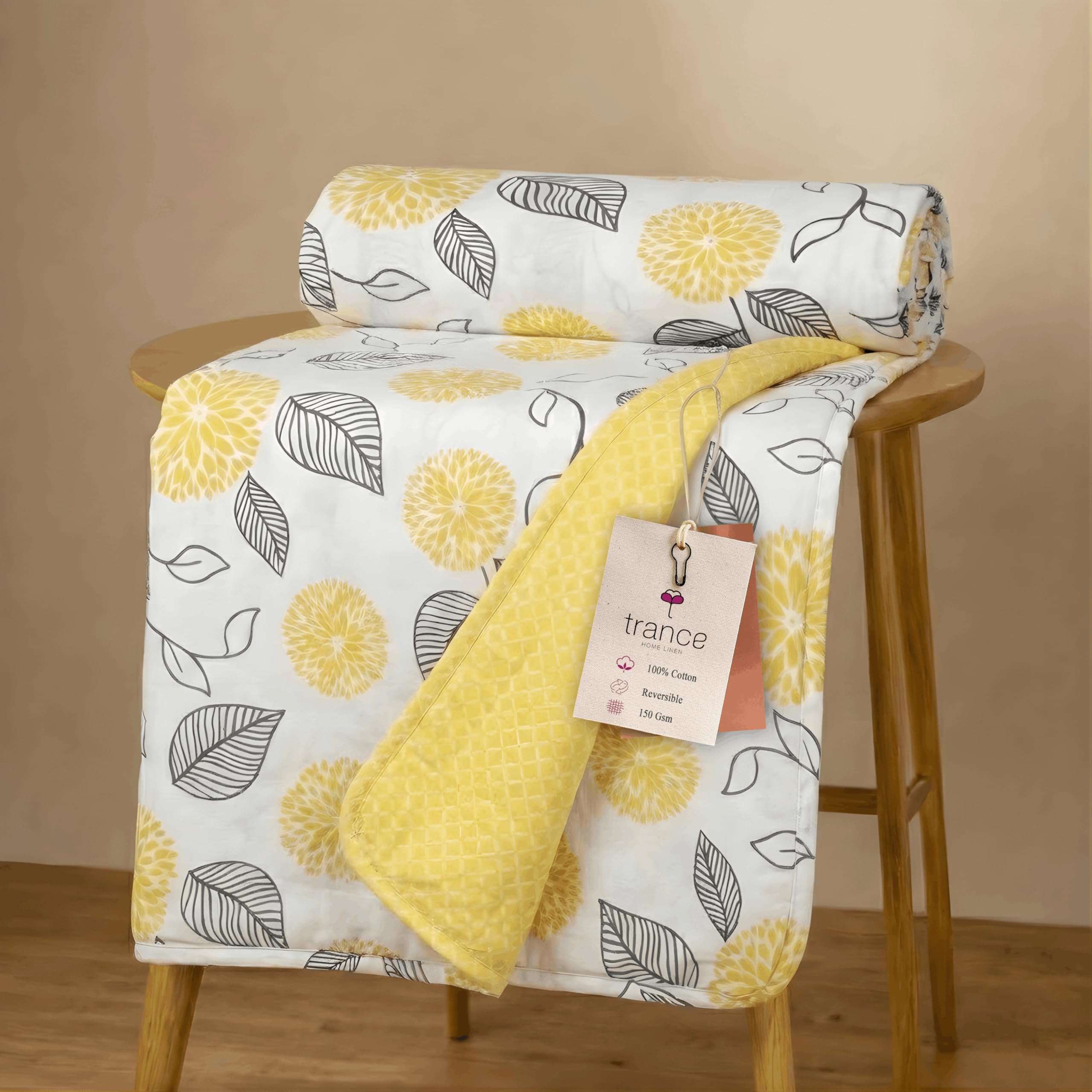 Trance Home Linen Premium 100% Cotton Dohar for Single Bed | 150 GSM | Reversible Ac Comforter | Light Weight All Season Soft Blanket (58x90 Inches | Yellow White Abstract)