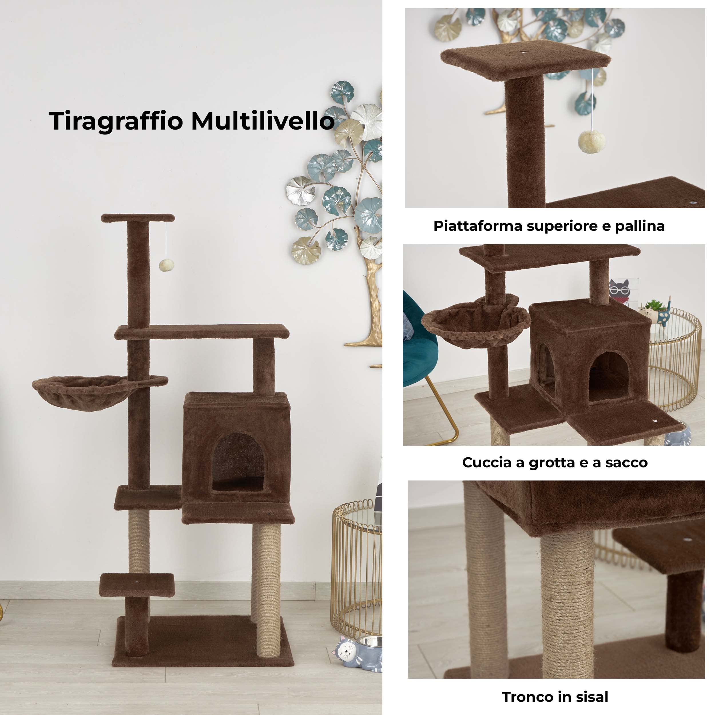 Baroni Home Tiragraffi ad Albero per Gatti, Tiragraffi per Gatti e Gattini, 4 Piani con Palla, Amaca e Cuccia Rettangolare, 45x45x122 cm, Marrone